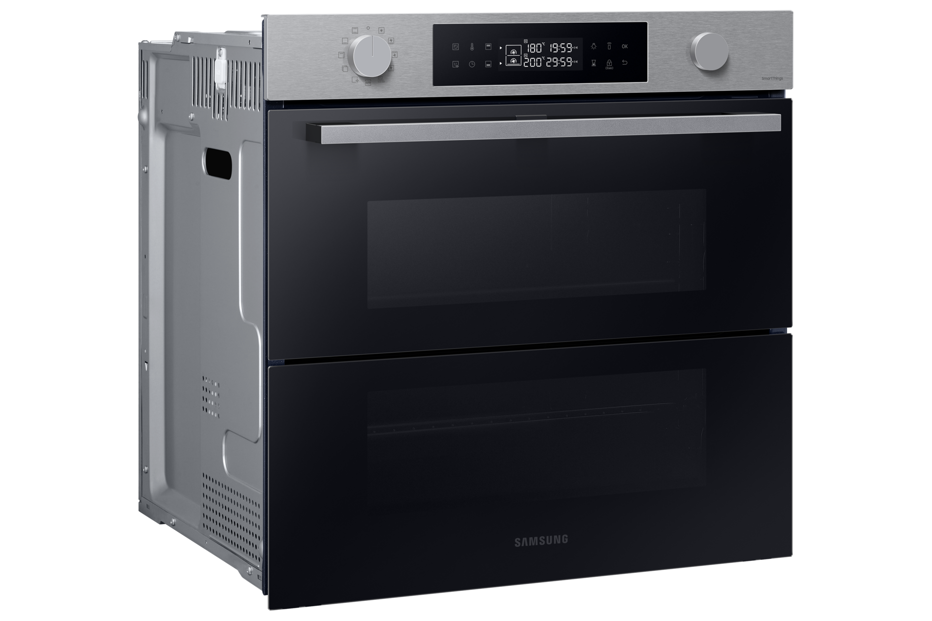Doppeltüriger Einbau-Backofen mit Edelstahl-Finish, schwarzen Glastüren und Bedienfeld.
