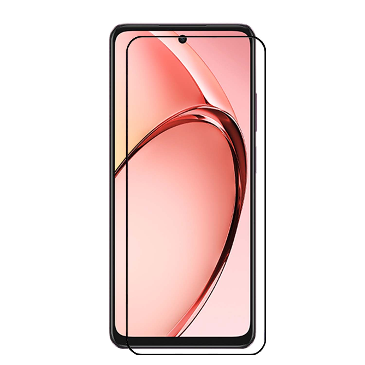 Phone with a screen protector applied. The screen shows a red and pink background.