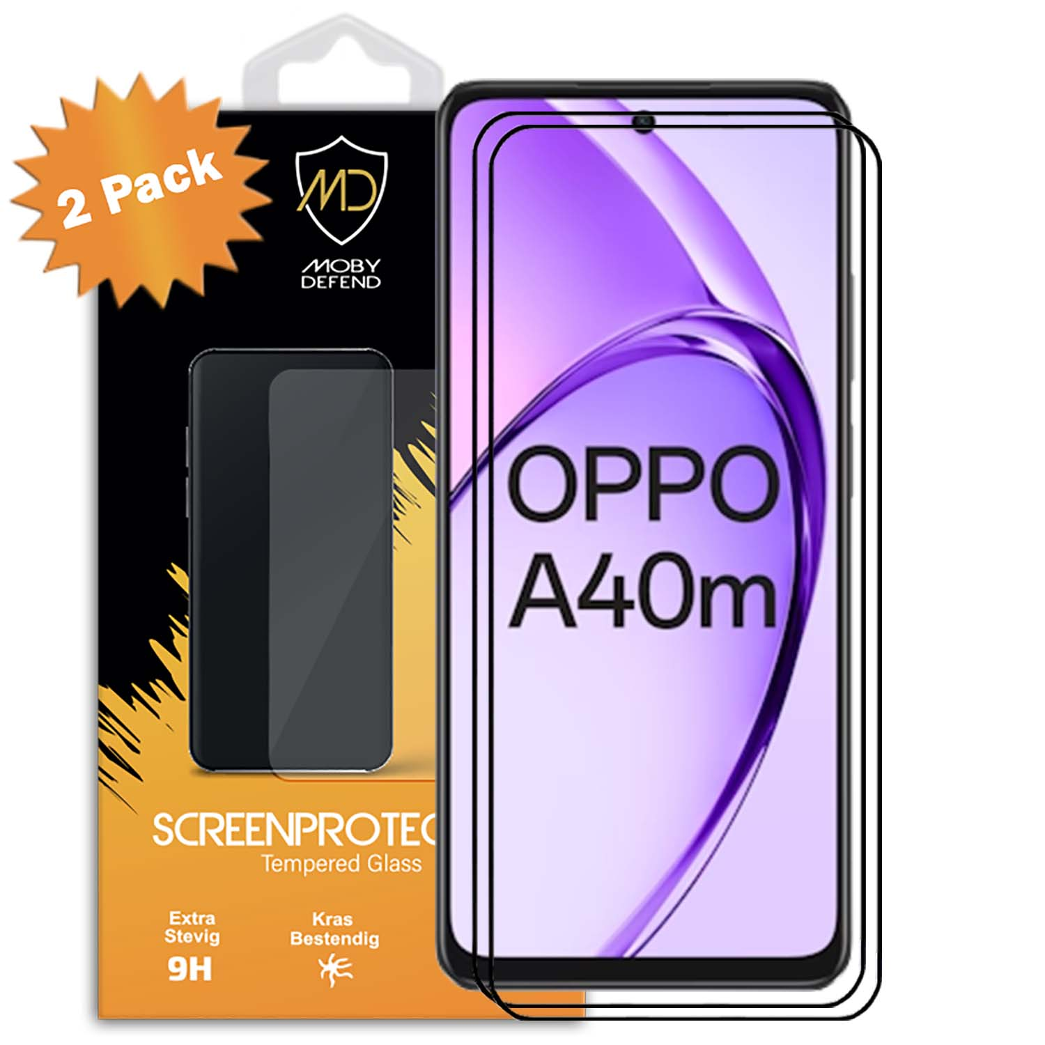 Un emballage de protection d'écran de téléphone avec deux protecteurs. Le téléphone affiche 'OPPO A40m' à l'écran.