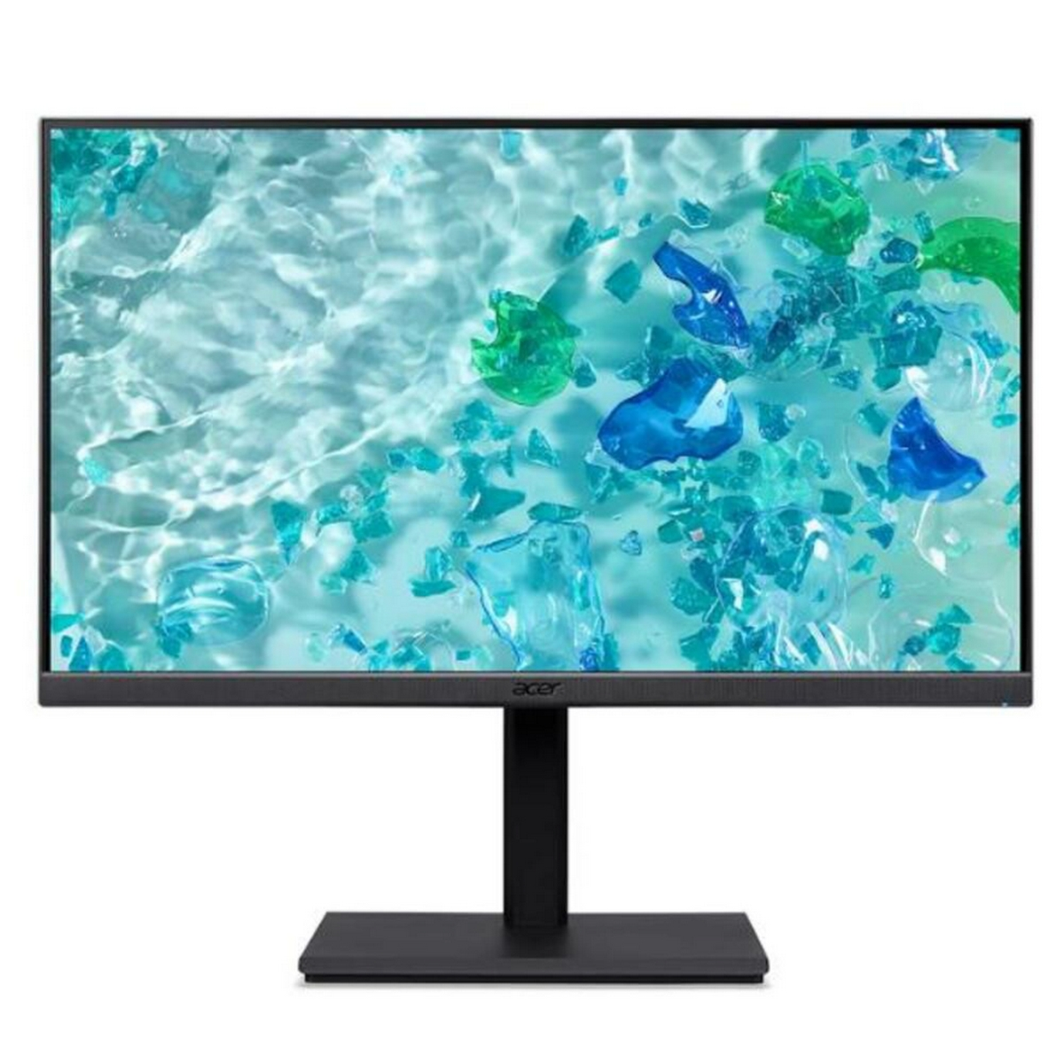 A computer monitor displaying a water scene with blue and green abstract shapes, set on a black stand.