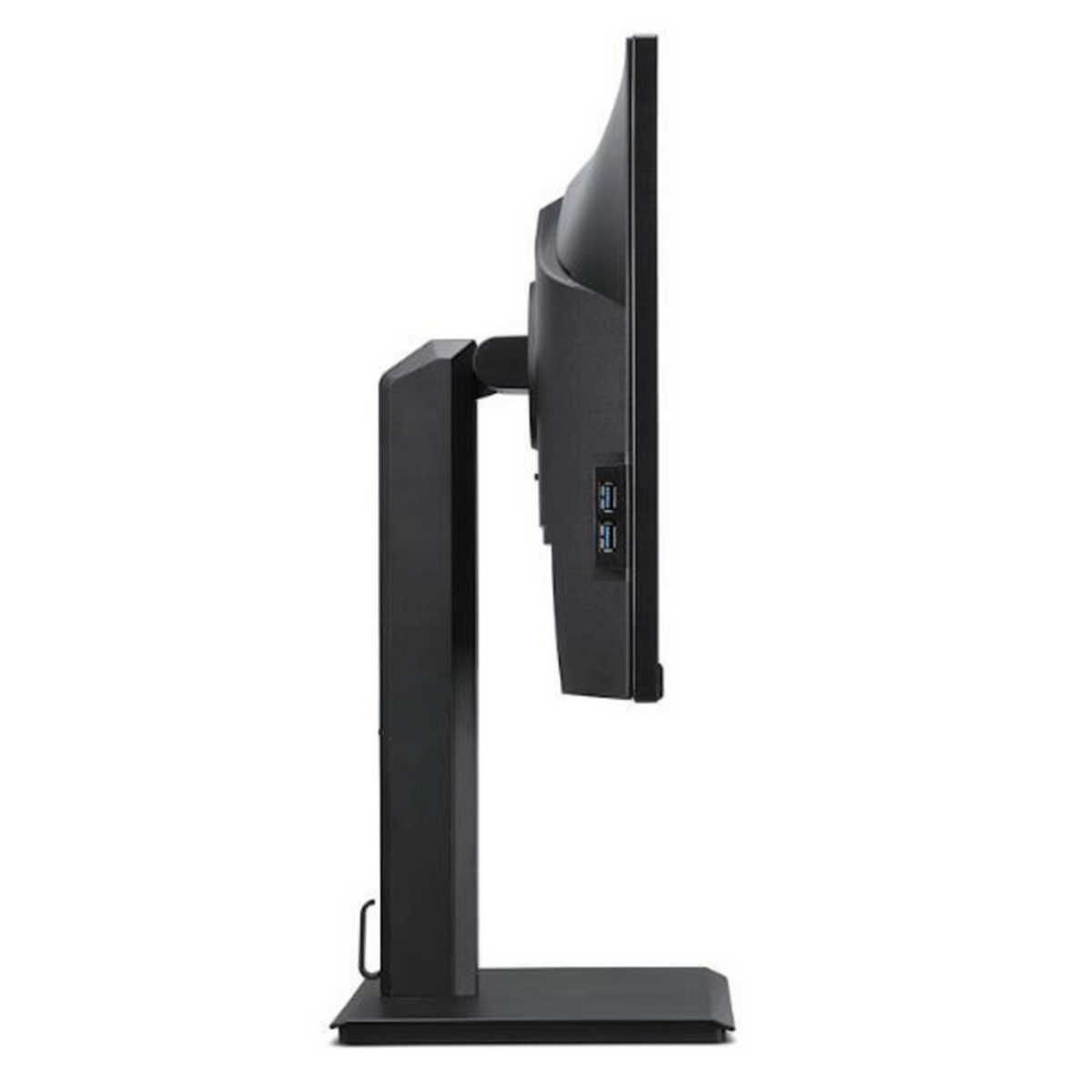 A side view of a black computer monitor with a stand, showing its sleek design.