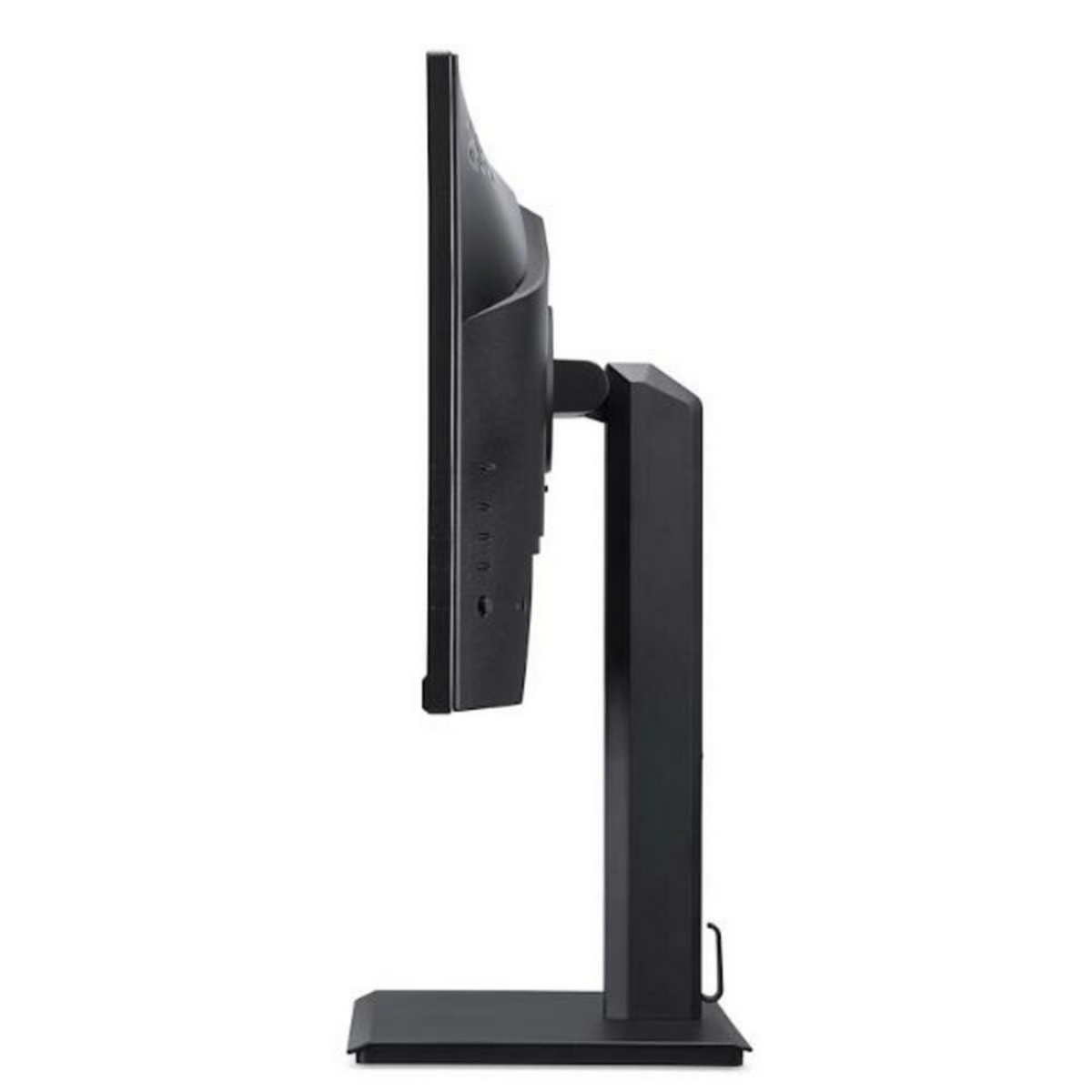Side view of a black computer monitor on a black stand.