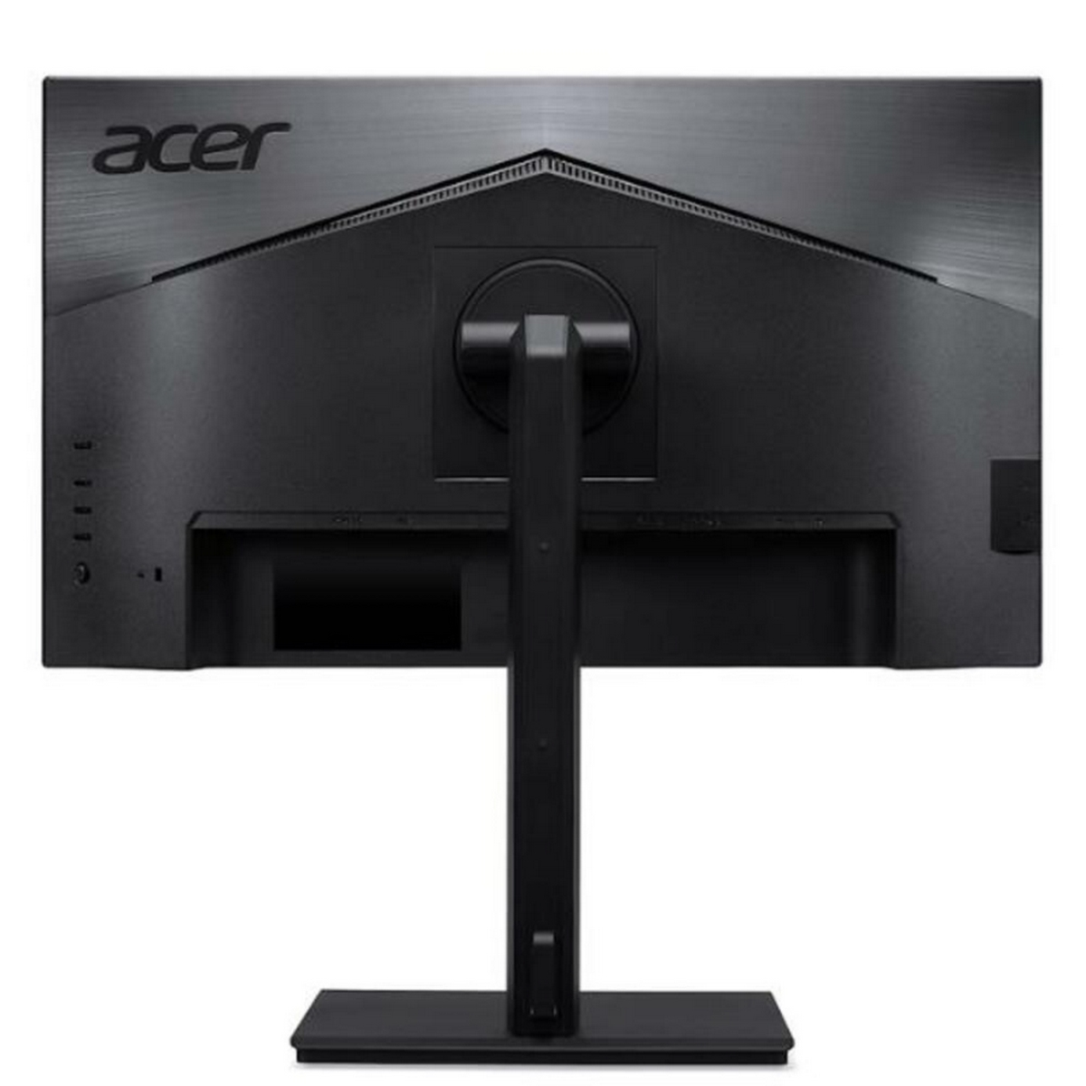 Black computer monitor back with Acer logo, stand and ports on a white background.