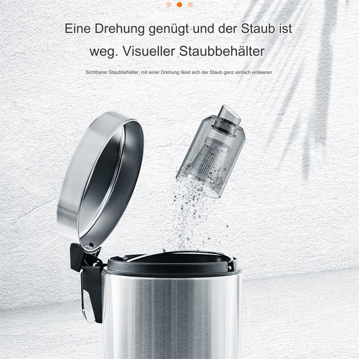 Ein Mülleimer mit offenem Deckel, einem kleinen, abnehmbaren Staubbehälter und Staub.