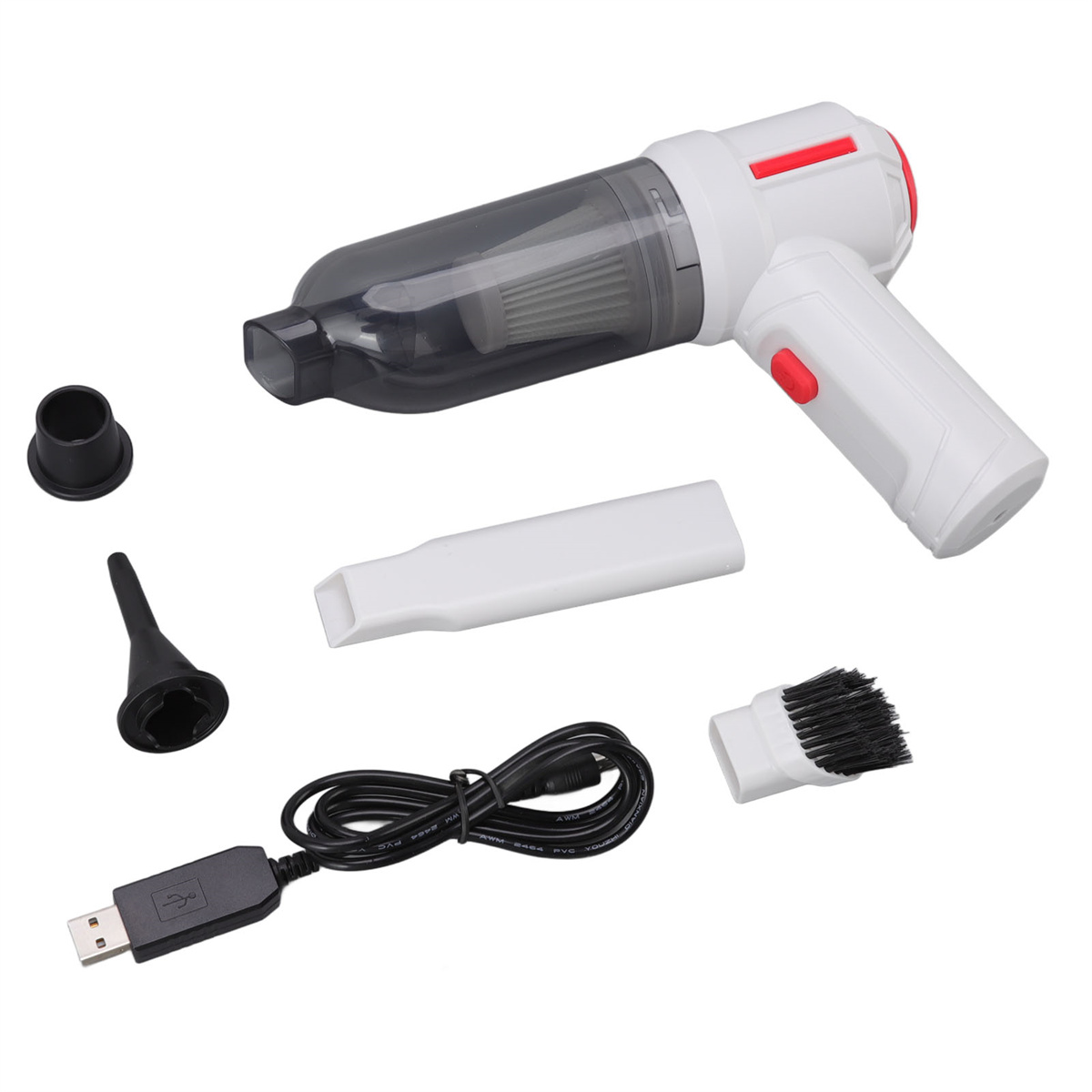 Weißer und grauer kabelloser Staubsauger mit Aufsätzen. Ein USB-Kabel ist im Lieferumfang enthalten.