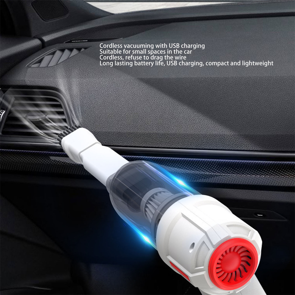 Ein weißer und roter kabelloser Staubsauger für Autos. Er ist auf einen Innenraum eines Autos gerichtet.