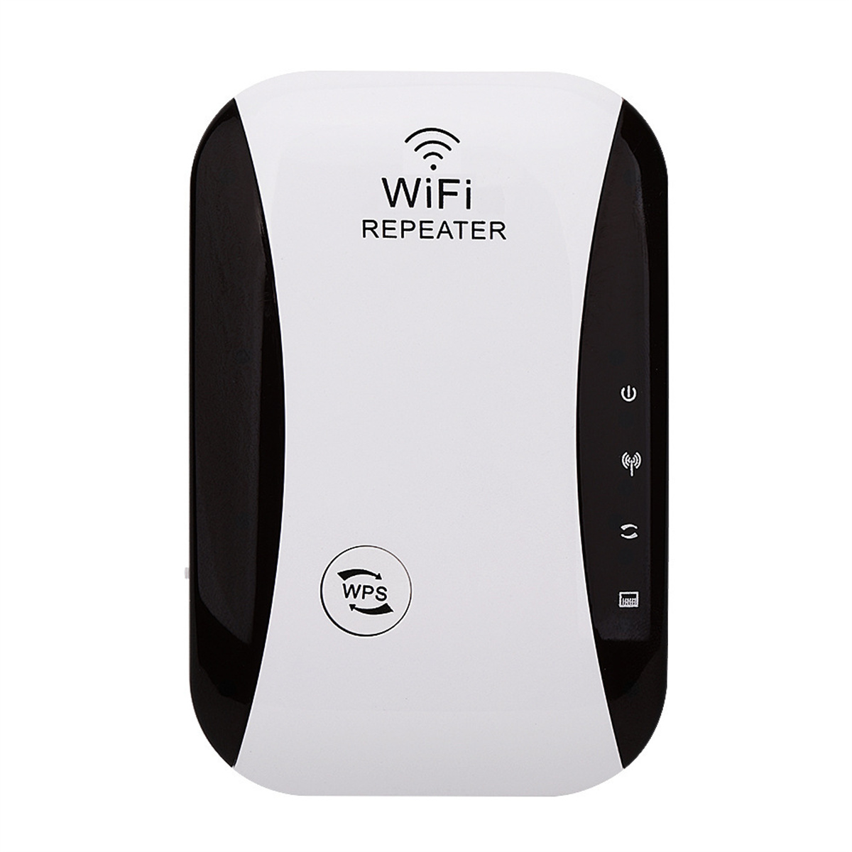 Weiß-schwarzer WLAN-Repeater mit WPS-Taste, Antennensymbol und Betriebsanzeigen. Weißer Hintergrund.
