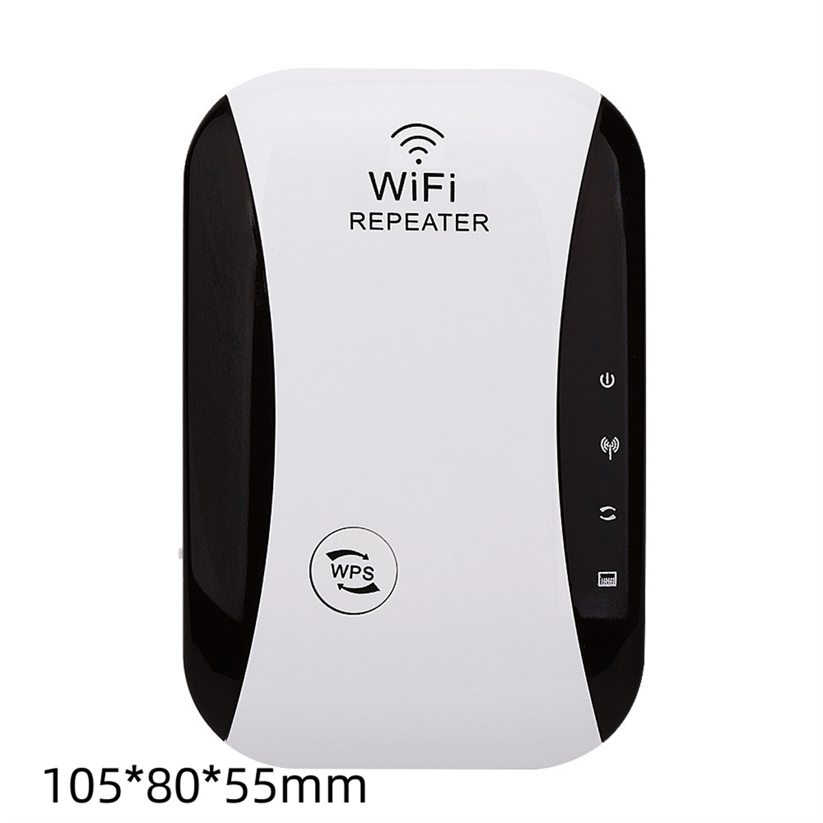 Weiß-schwarzer WLAN-Repeater mit Strom-, WPS- und Signalsymbolen. Text: WiFi REPEATER, Abmessungen.
