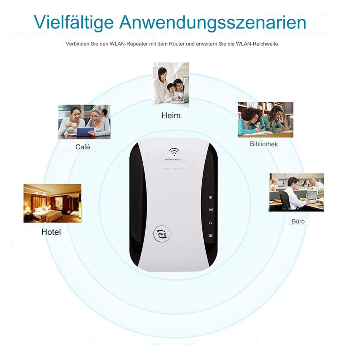 Weißer und schwarzer WLAN-Repeater mit Bildern verschiedener Anwendungen: Zuhause, Café, Bibliothek, Hotel und Büro.