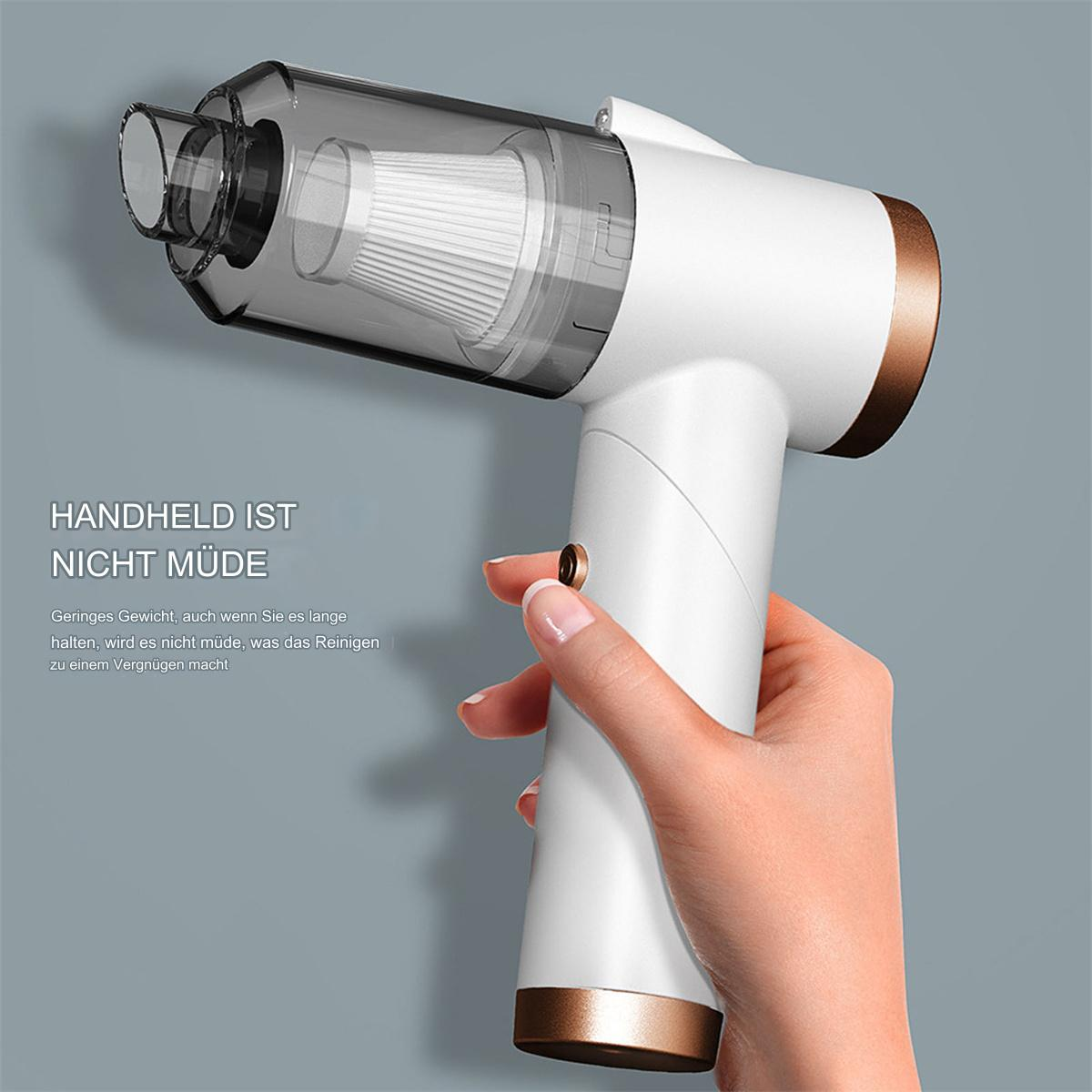 Ein weißer und goldener Handstaubsauger, der von einer Hand gehalten wird. Text lautet 'HANDHELD IST NICHT MÜDE'.
