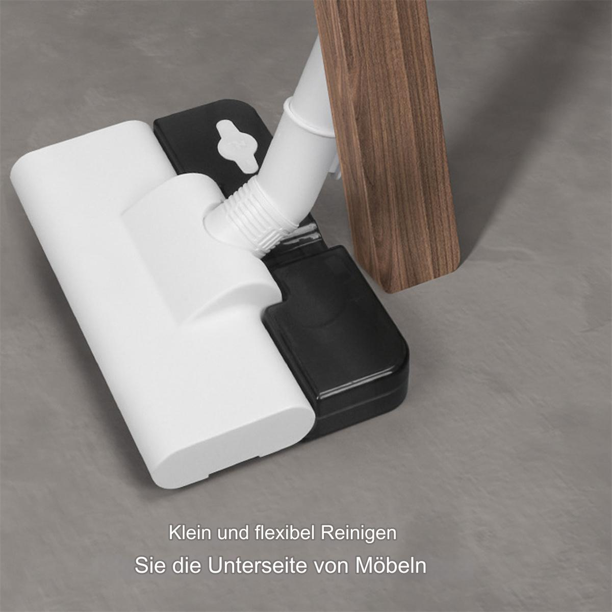 Weißer und schwarzer Staubsaugerkopf unter einem Holzmöbelbein auf grauer Oberfläche.