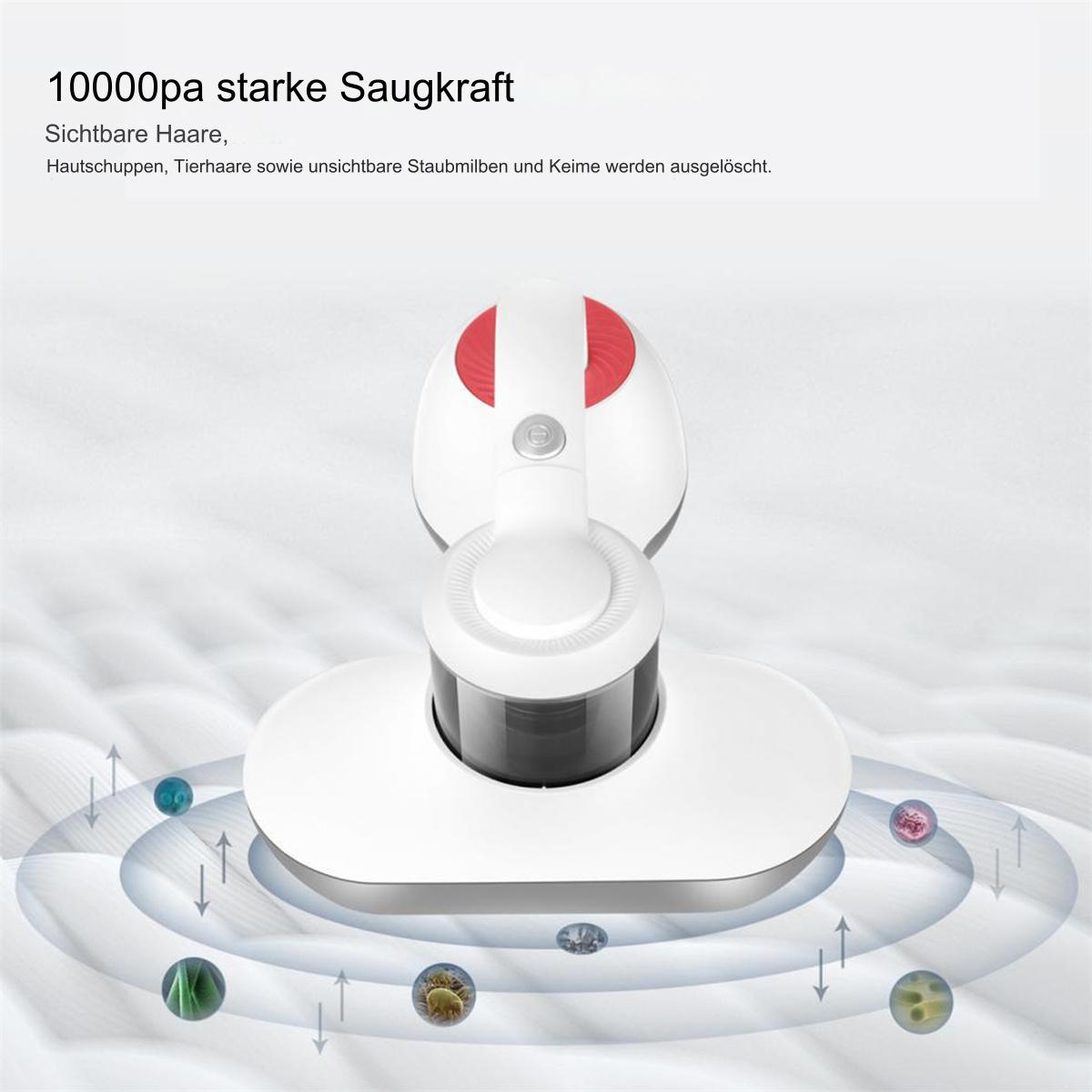 Ein weißer und roter Staubsaugerkopf. Text: '10000pa starke Saugkraft'.