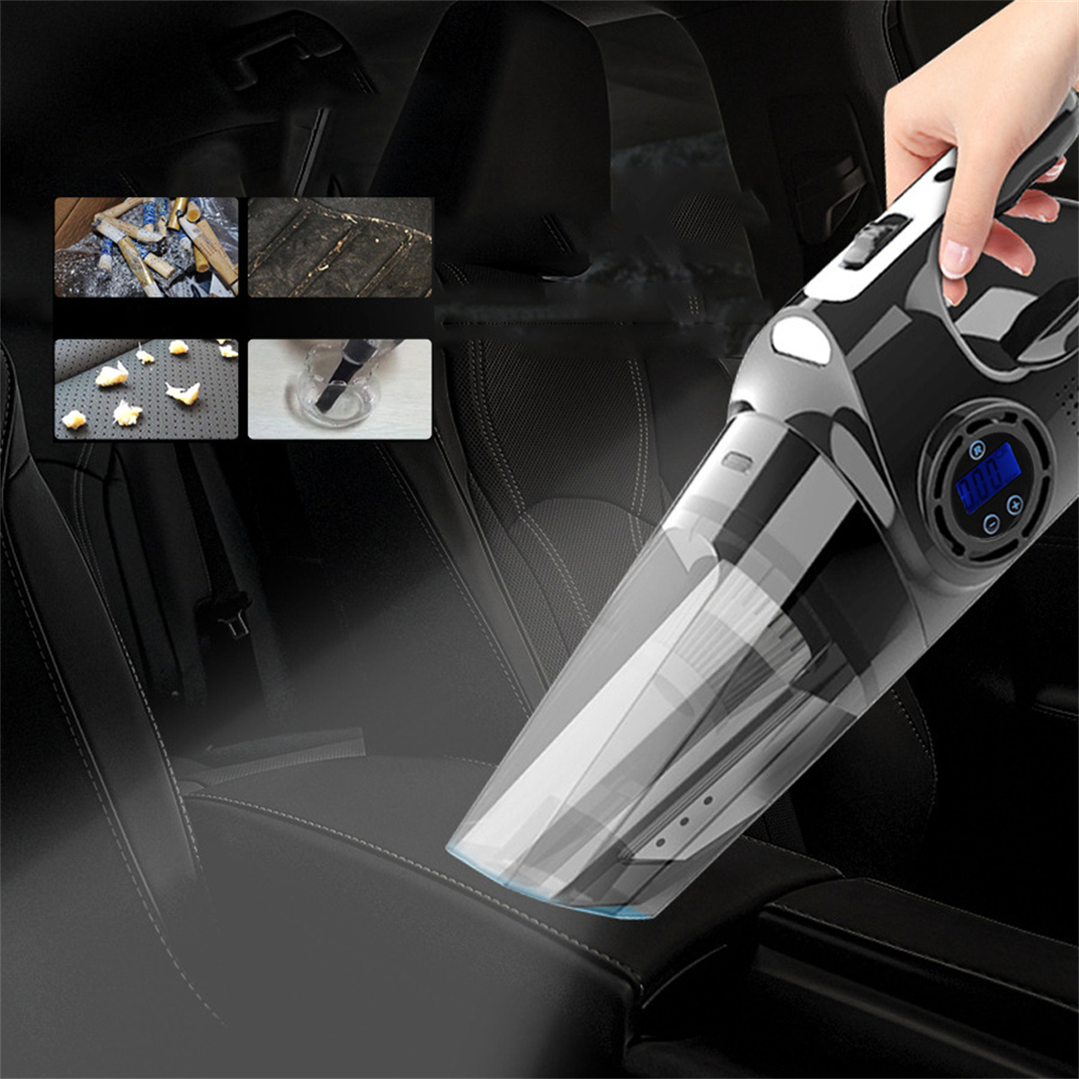 Handstaubsauger. Schwarz mit durchsichtigem Staubbehälter. Zeigt Bilder vom Reinigen von Autositzen.