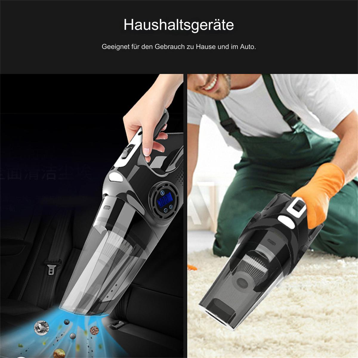 Zwei Bilder eines Staubsaugers in Gebrauch. Eines im Auto, das andere auf dem Teppich.