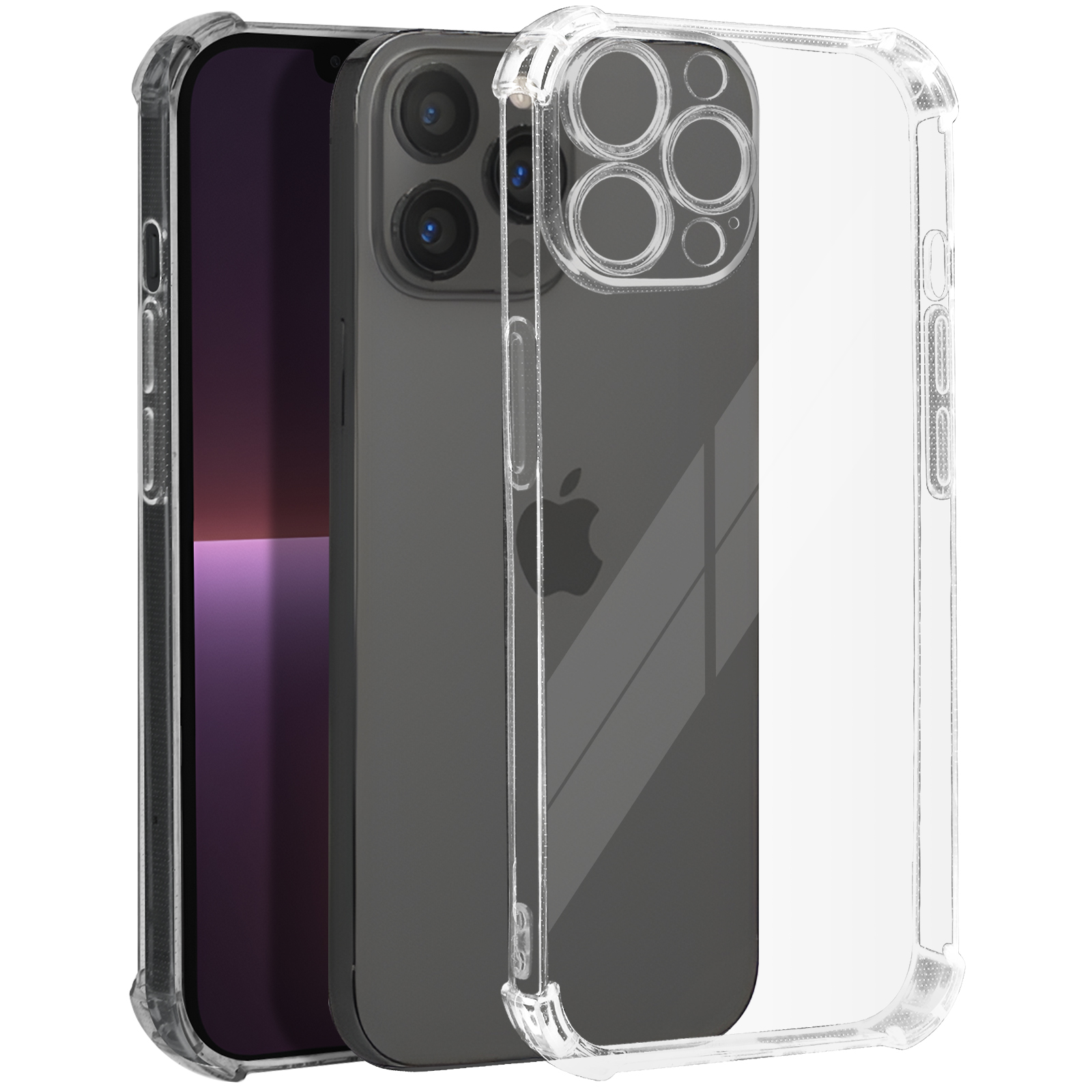 iPhone in una custodia trasparente. La custodia è trasparente e ha un bordo nero.
