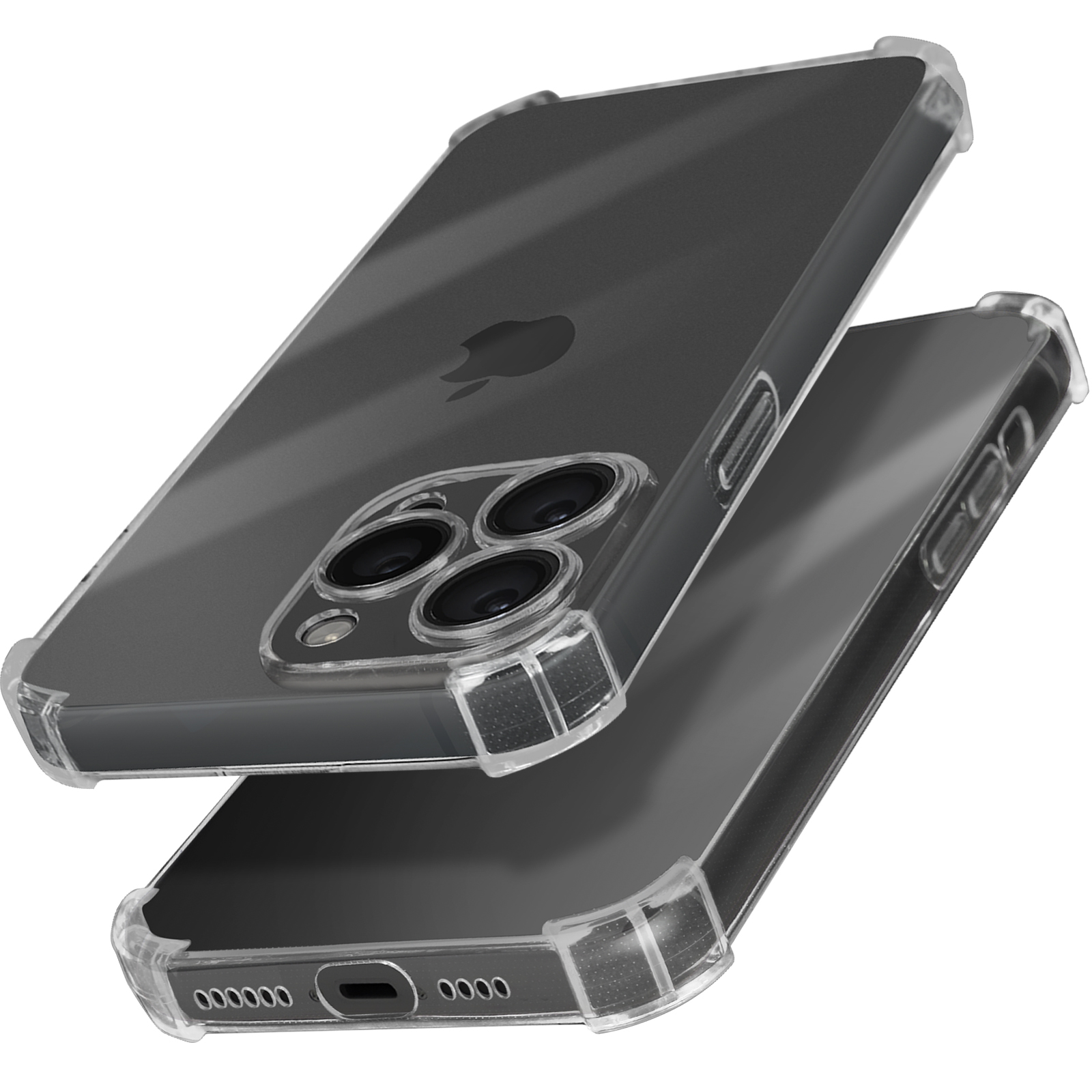 Due custodie trasparenti per telefono con protezione angolare e un iPhone nero.
