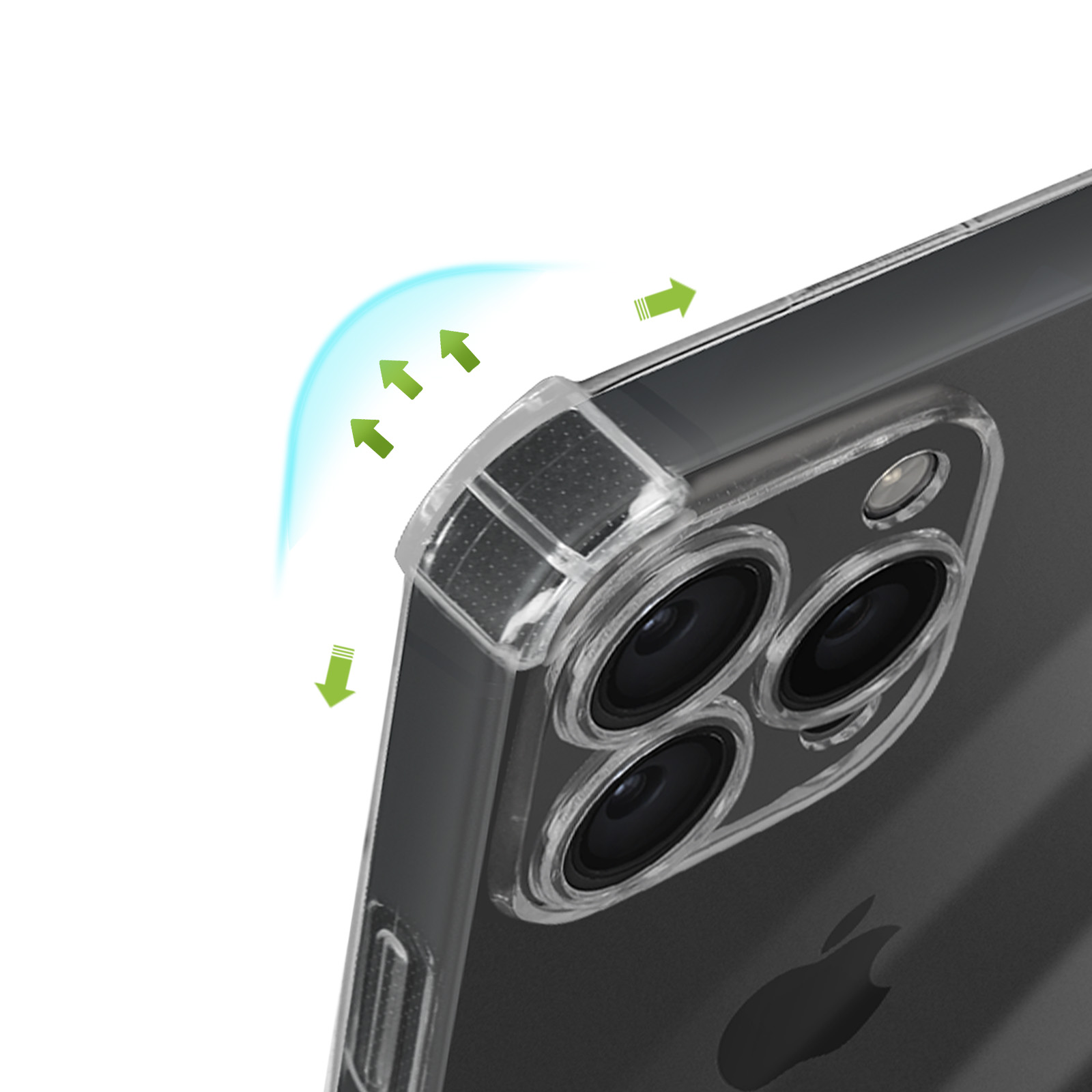 Primo piano di una custodia trasparente per telefono con angoli rinforzati e fotocamera.