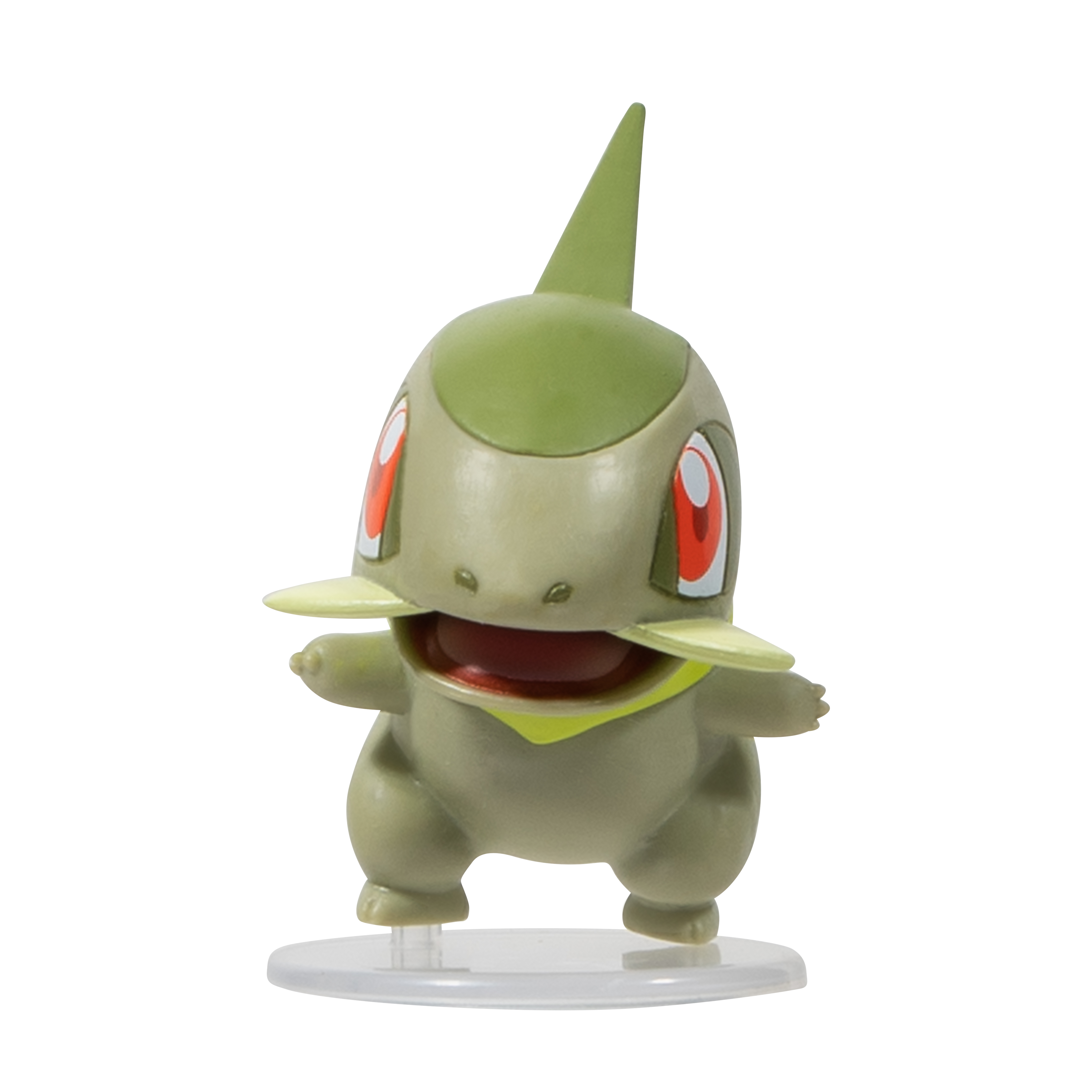 Eine Totodile-Figur, ein Pokémon-Charakter, auf einem transparenten Ständer.