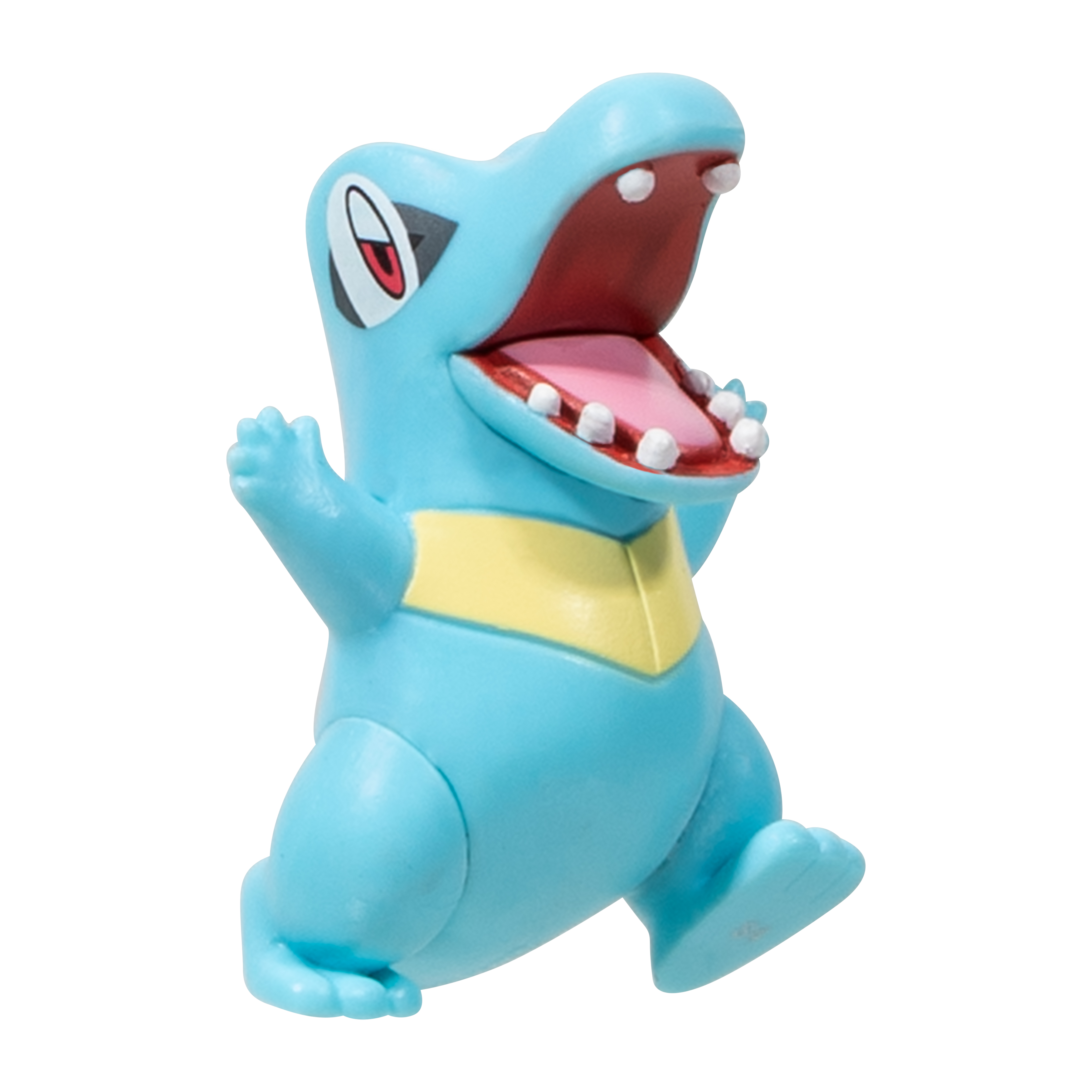 Eine blaue und gelbe Zeichentrickfigur eines Krokodils steht mit offenem Mund und erhobenen Armen da.