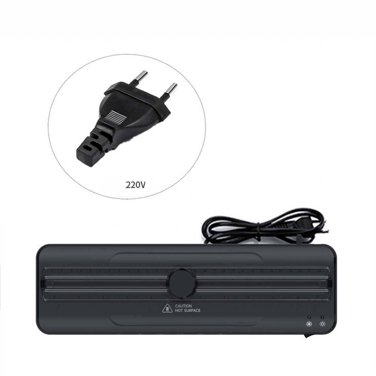 Ein schwarzes Laminiergerät mit Netzkabel und Stecker, mit Warnhinweisen.