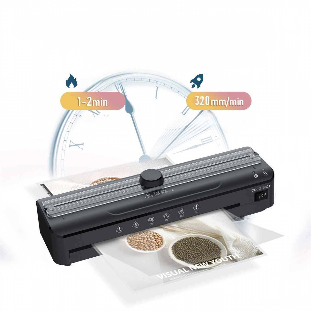Schwarzes Laminiergerät mit Text: 1-2 Min., 320 mm/min. Zeigt bedrucktes Material mit Bohnenbildern.