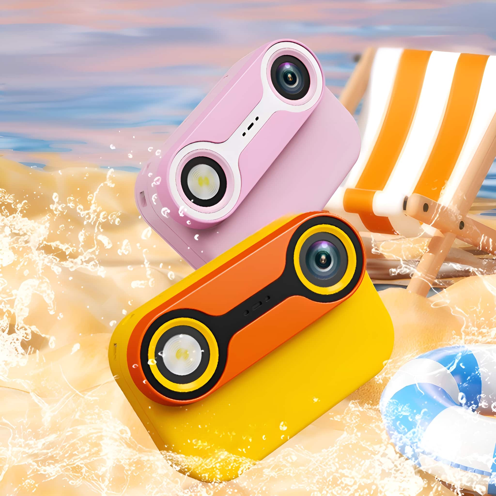Drei bunte Kameras an einem Strand mit spritzendem Wasser und einem Strandstuhl.