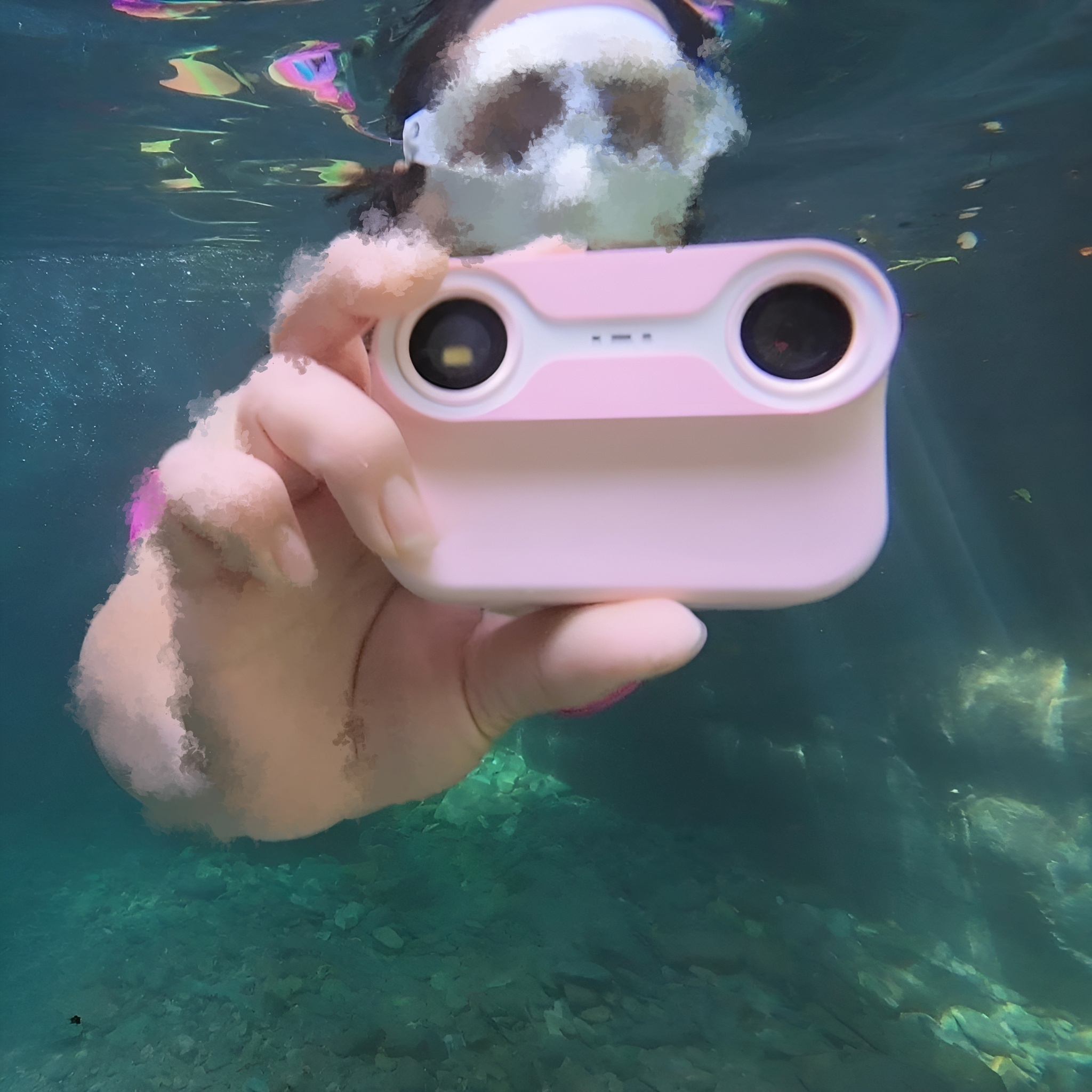 Eine Person unter Wasser hält eine pinke wasserdichte Kamera in klarem, türkisfarbenem Wasser.