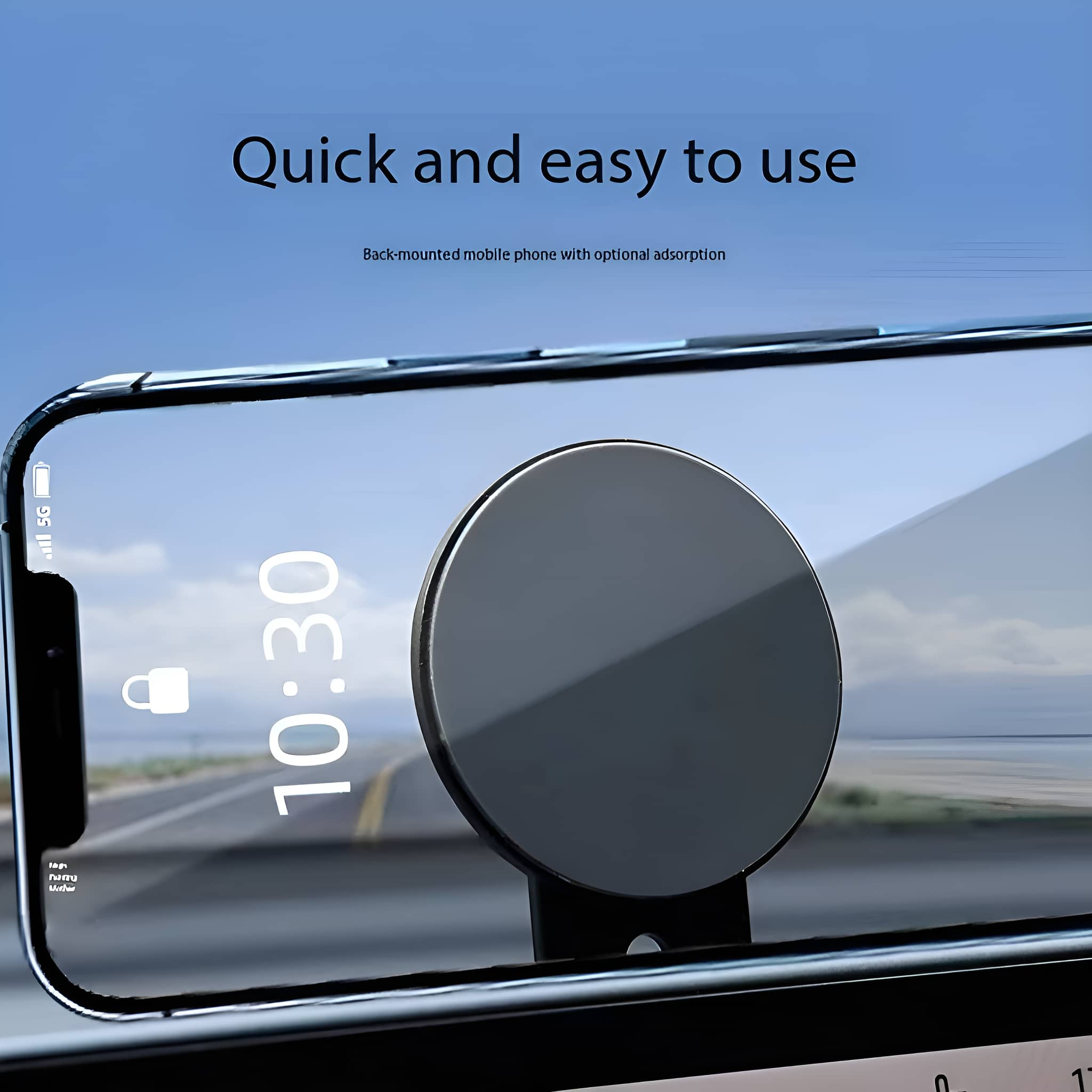 Ein Telefon auf einer magnetischen Autohalterung montiert. Es zeigt die Uhrzeit an.