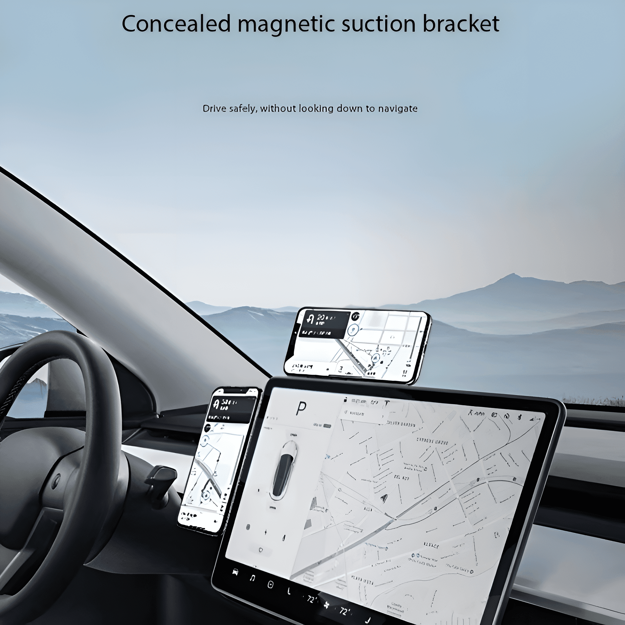 Eine Telefonhalterung im Auto mit einem Telefon, das eine Karte anzeigt. Ein Tablet zeigt auch eine Karte.
