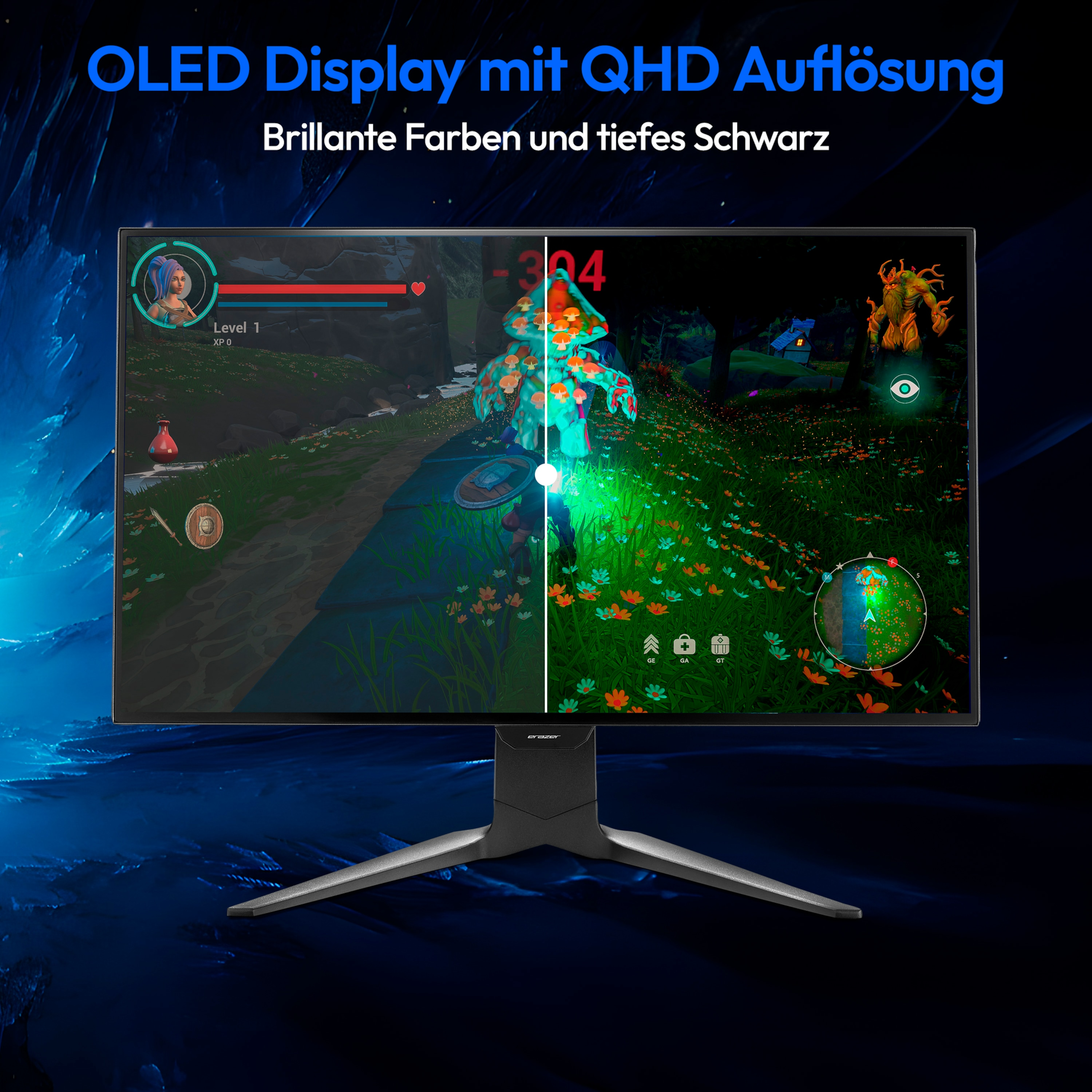 Un écran d'ordinateur affichant un jeu, avec du texte en haut indiquant 'OLED Display mit QHD Auflösung'.