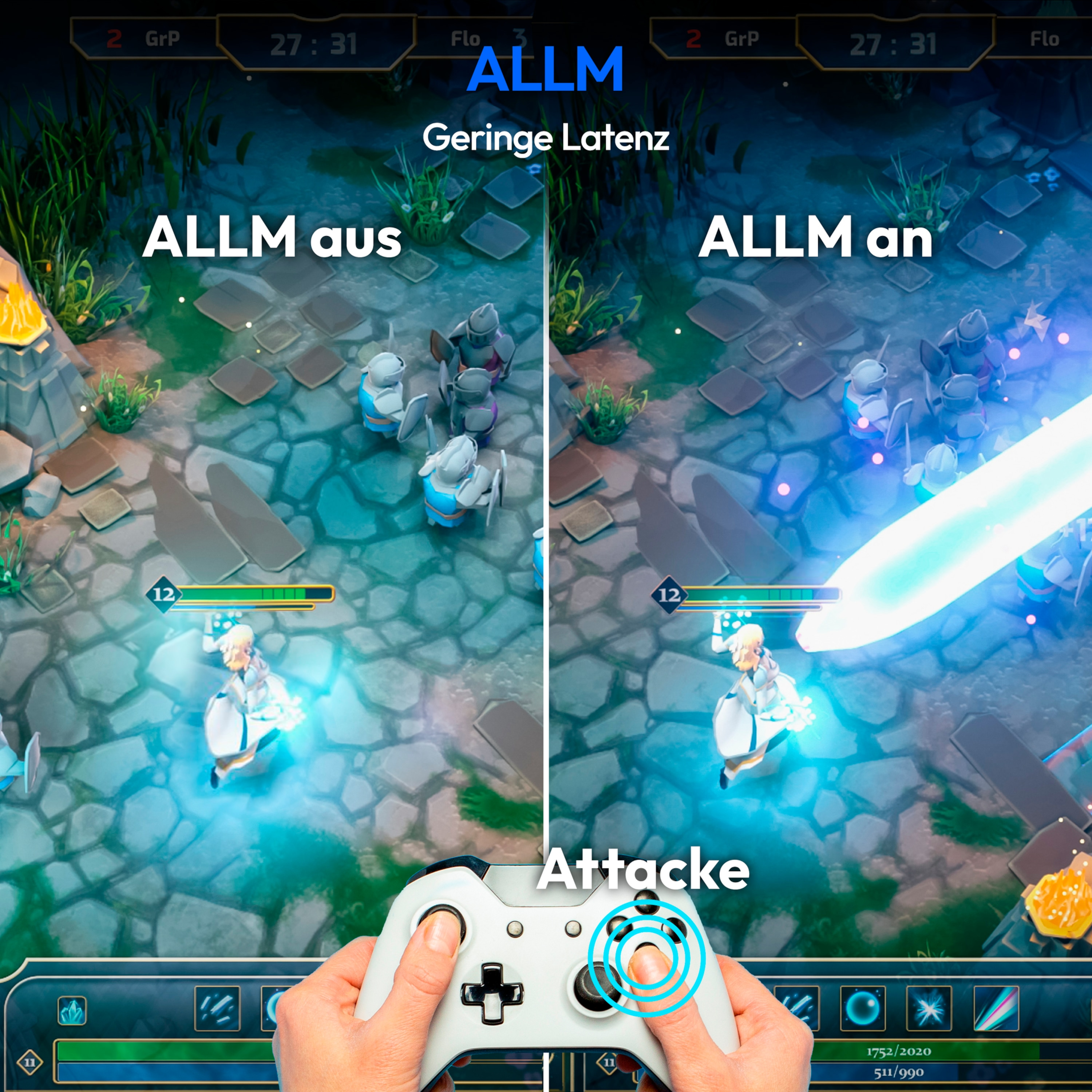 Image en écran partagé d'un jeu vidéo. Un côté a ALLM désactivé, l'autre ALLM activé, montrant le gameplay.