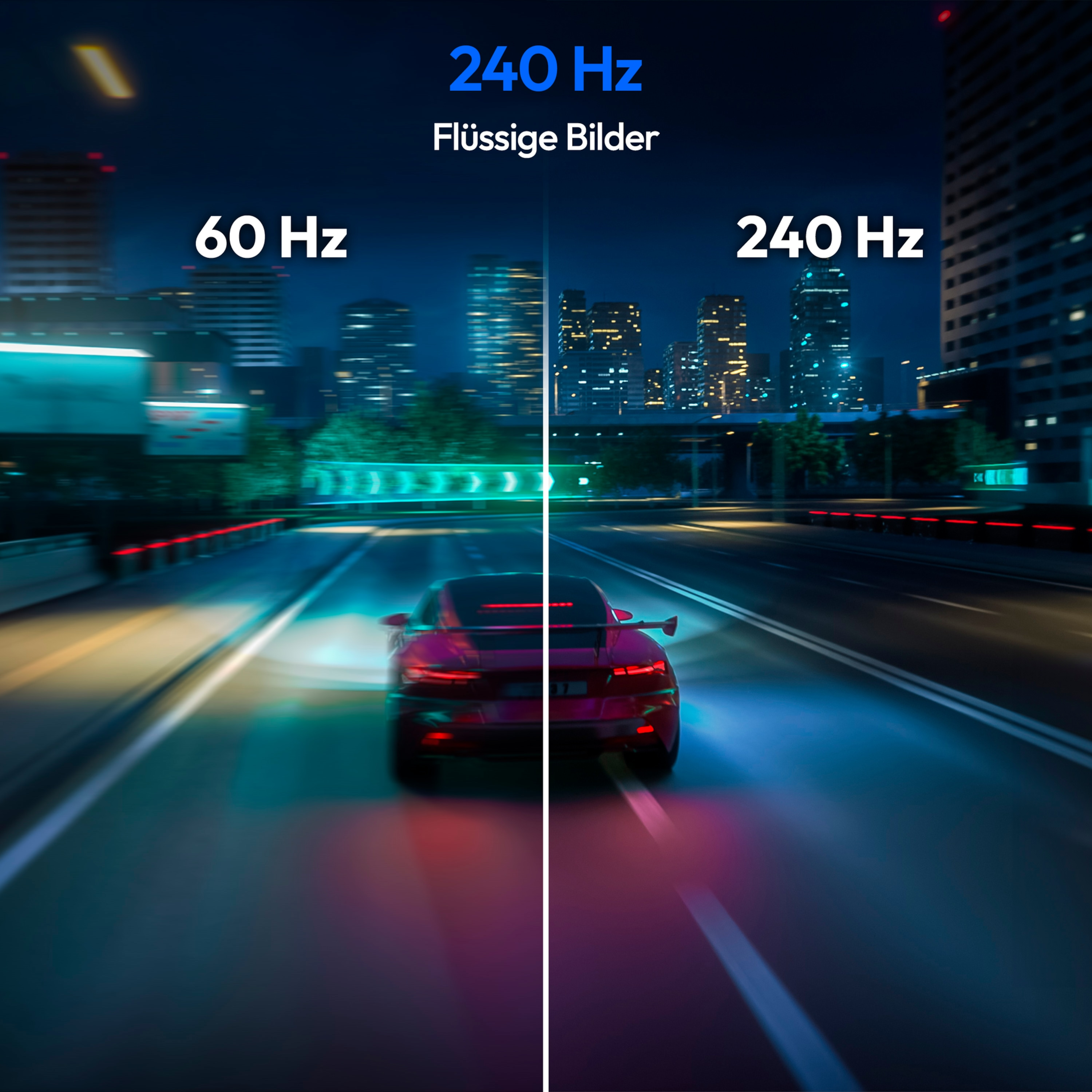 Un écran partagé montrant une voiture sur une route. La gauche affiche 60 Hz et la droite 240 Hz, avec du texte au-dessus.
