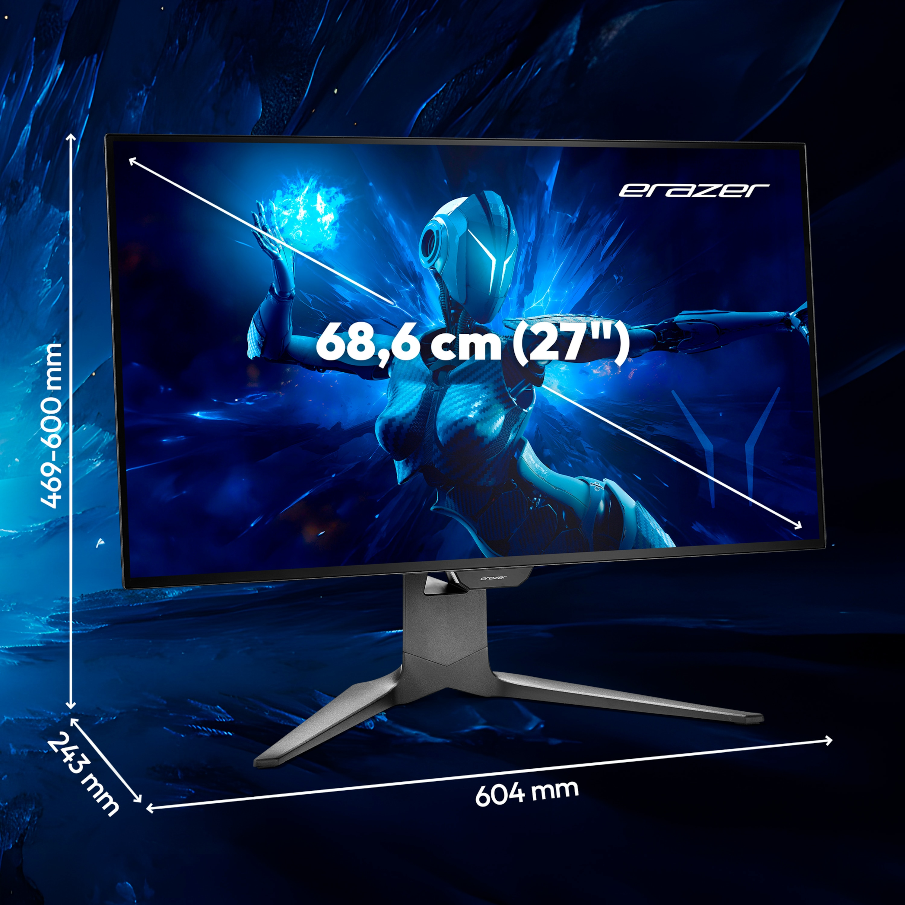 Écran de jeu 27 pouces avec image futuriste et dimensions.