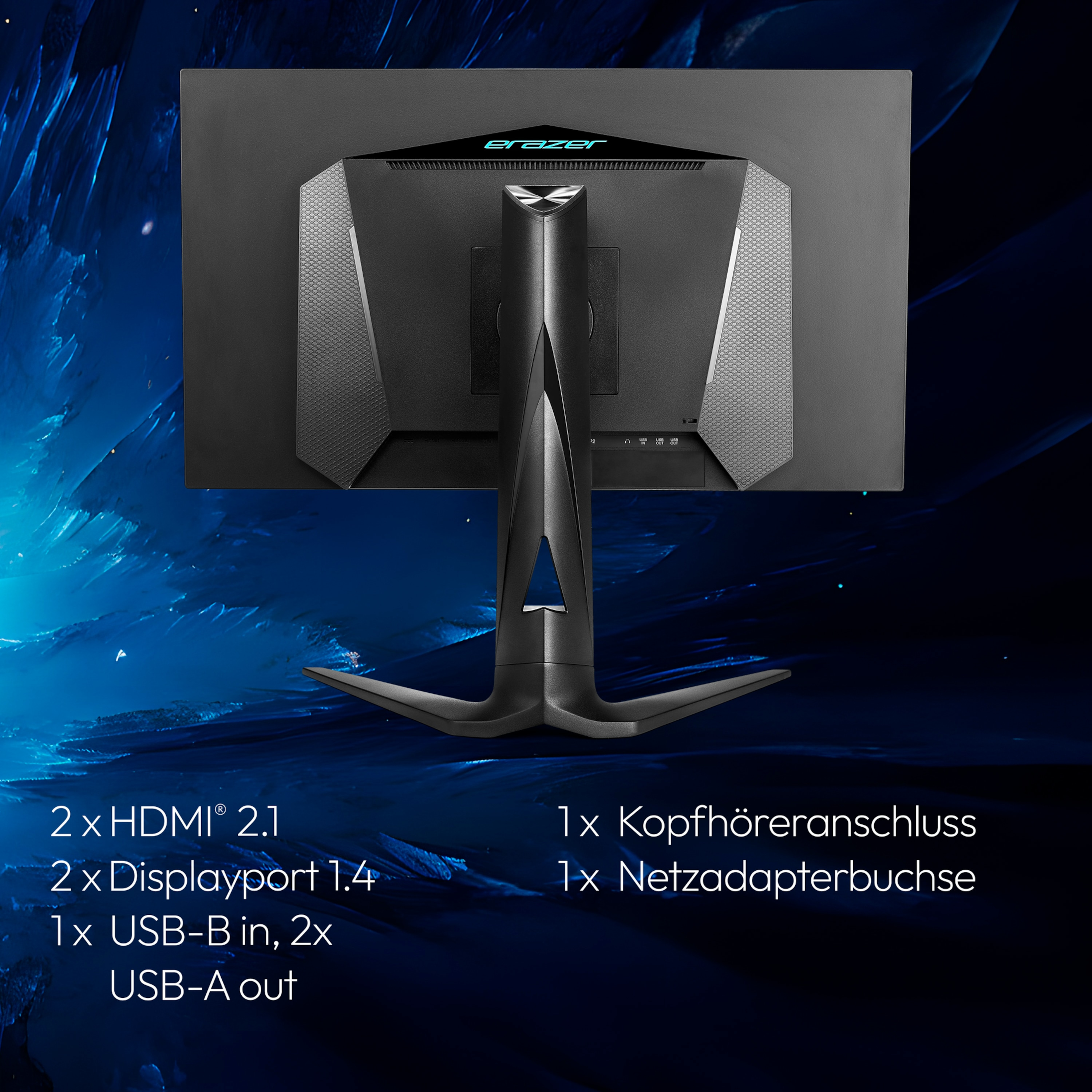 L'arrière d'un moniteur d'ordinateur noir avec support, montrant les ports et le nom de la marque.