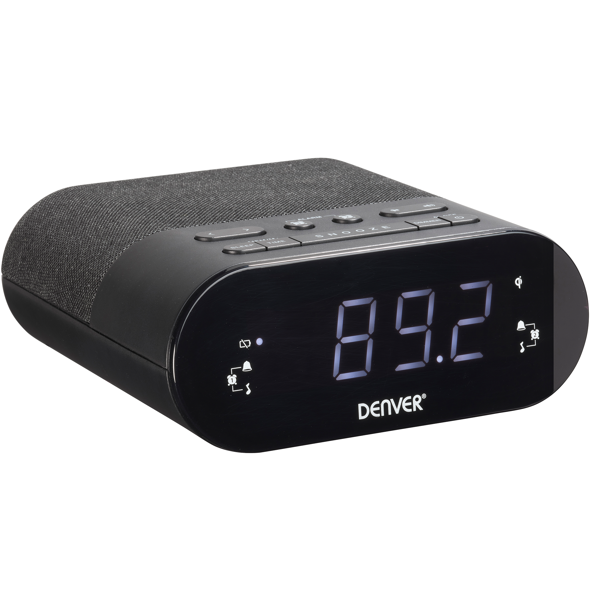 Black digital alarm clock with a large display and buttons.