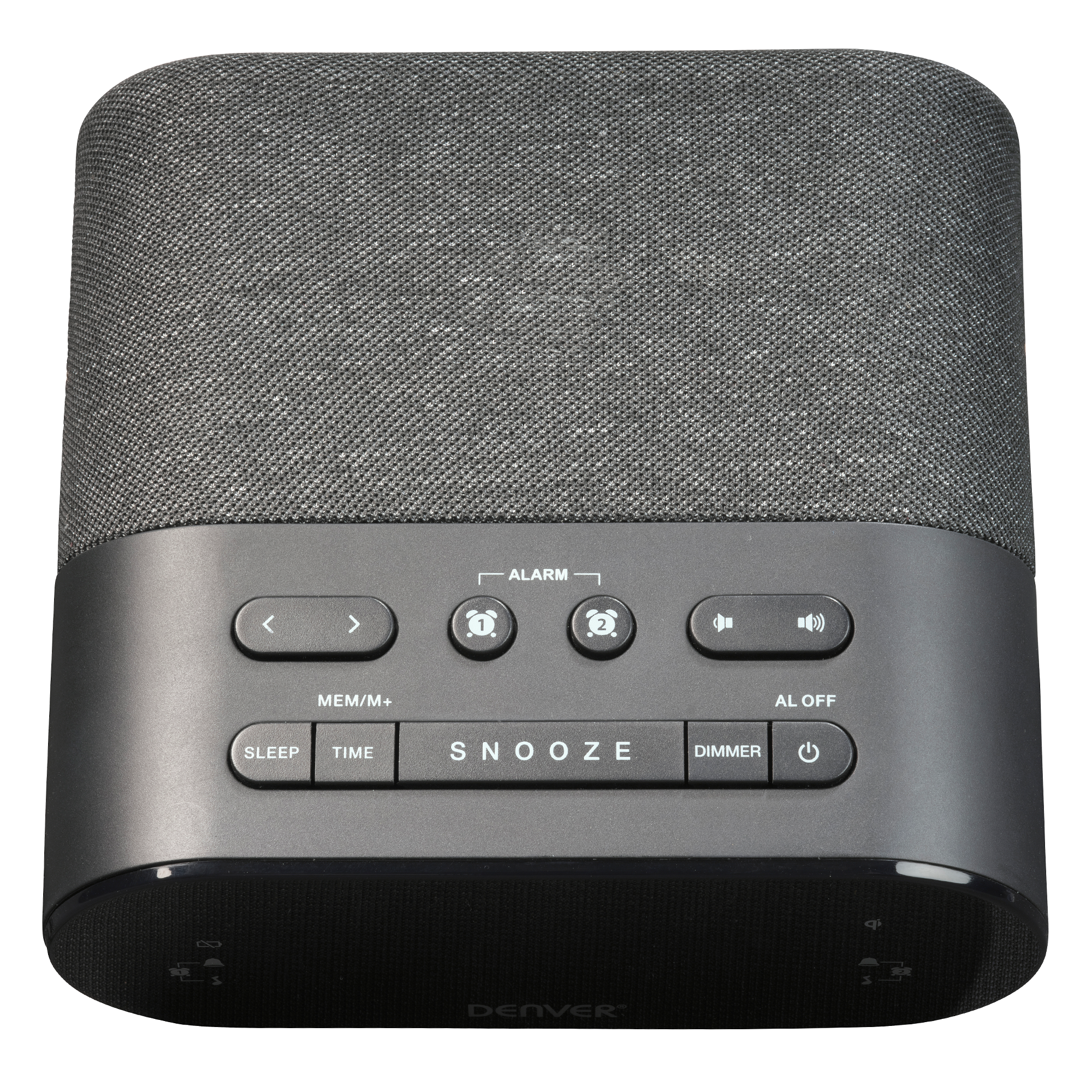 Black and gray digital alarm clock with buttons for alarm, snooze, and time settings.