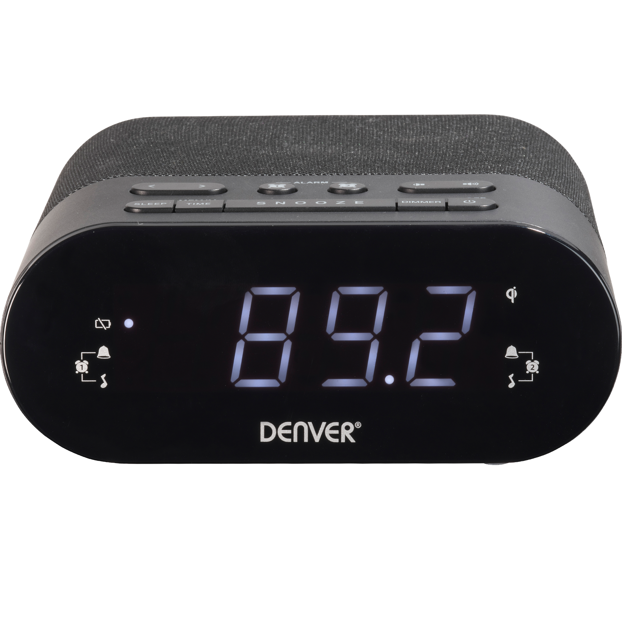 Black digital alarm clock displaying '89.2', with buttons and a black surface.