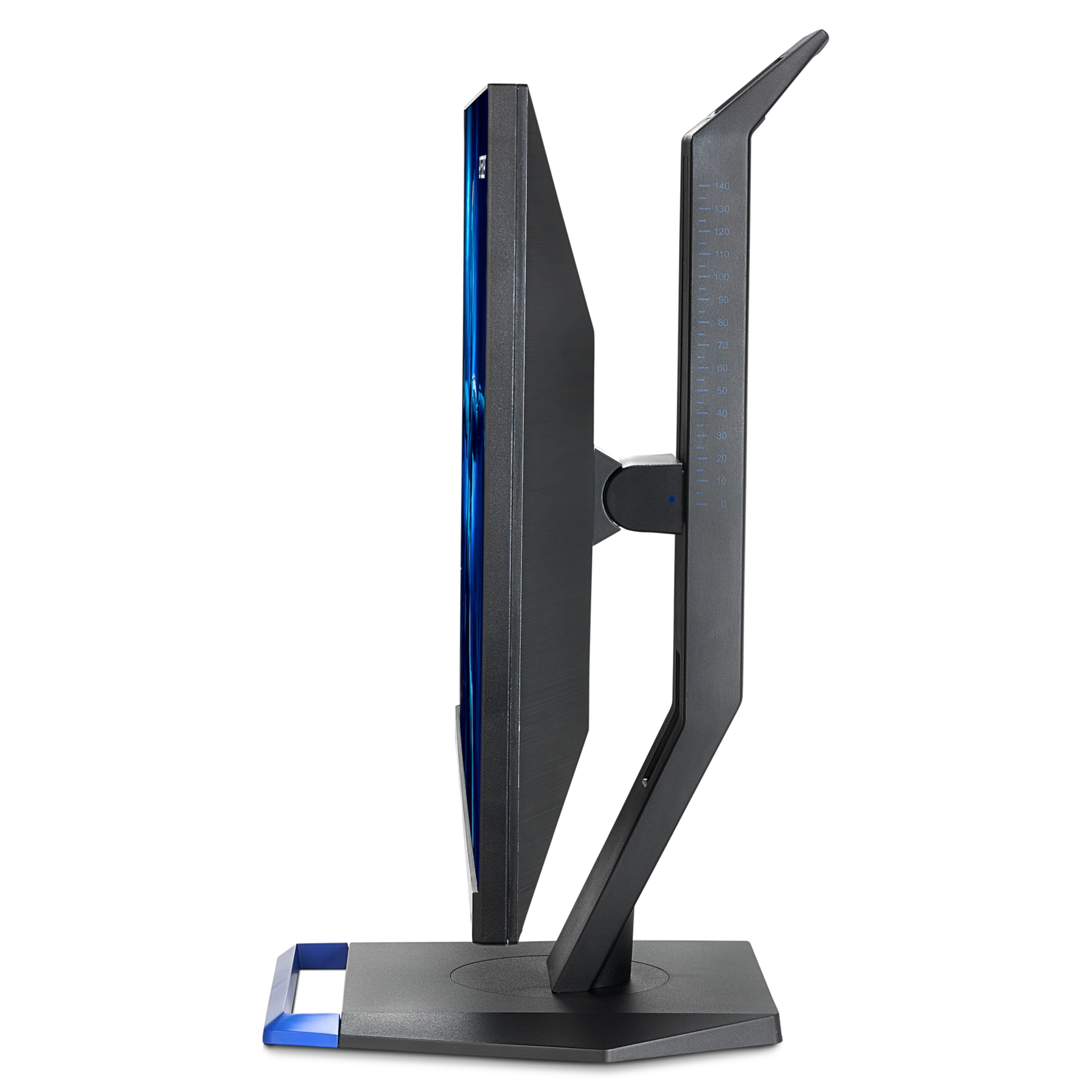 Side profile of a black computer monitor. It has a blue accent on its stand. Screen is displaying blue graphics.