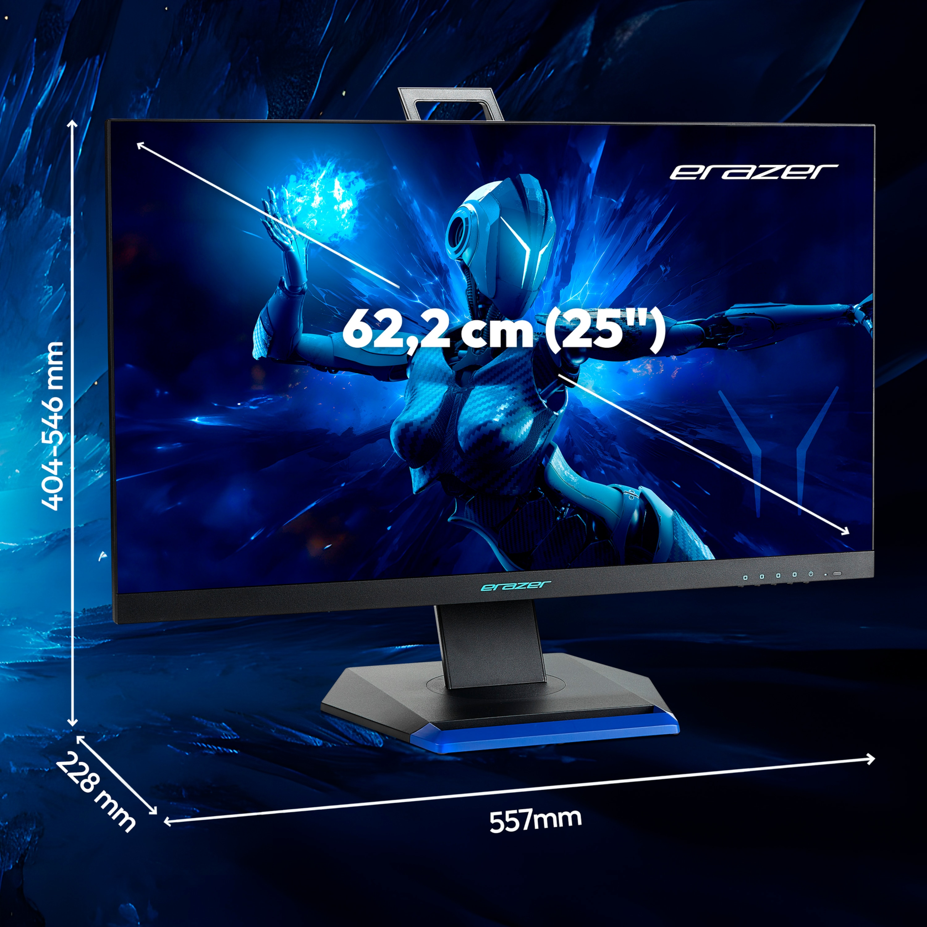Gaming monitor, black frame, display with a futuristic scene, dimensions & text.