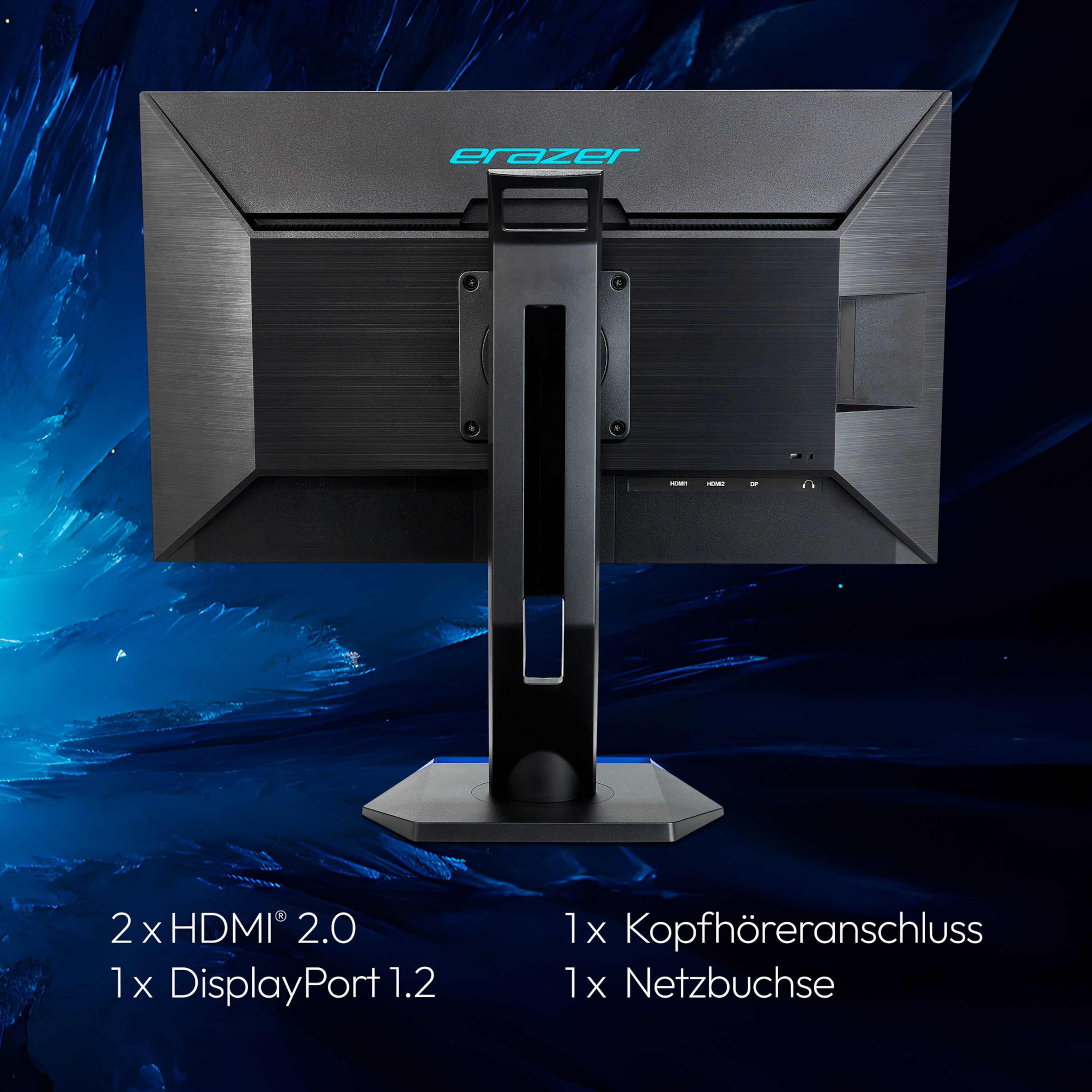 Rear of an Erzer monitor with blue accents. Includes HDMI, DisplayPort, and headphone jack ports.