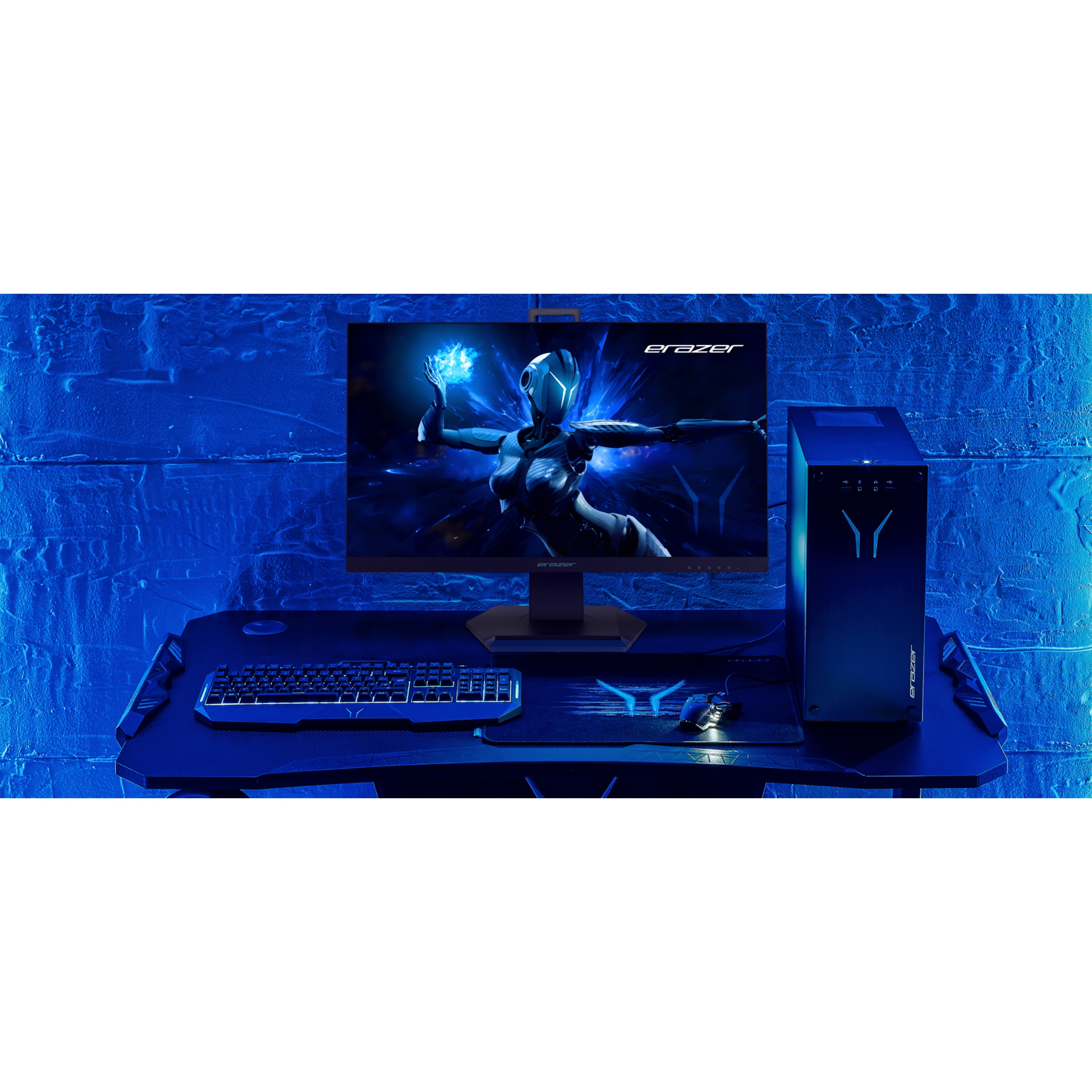 Gaming setup: monitor, keyboard, mouse, and computer tower. Blue lighting. The screen shows a game.