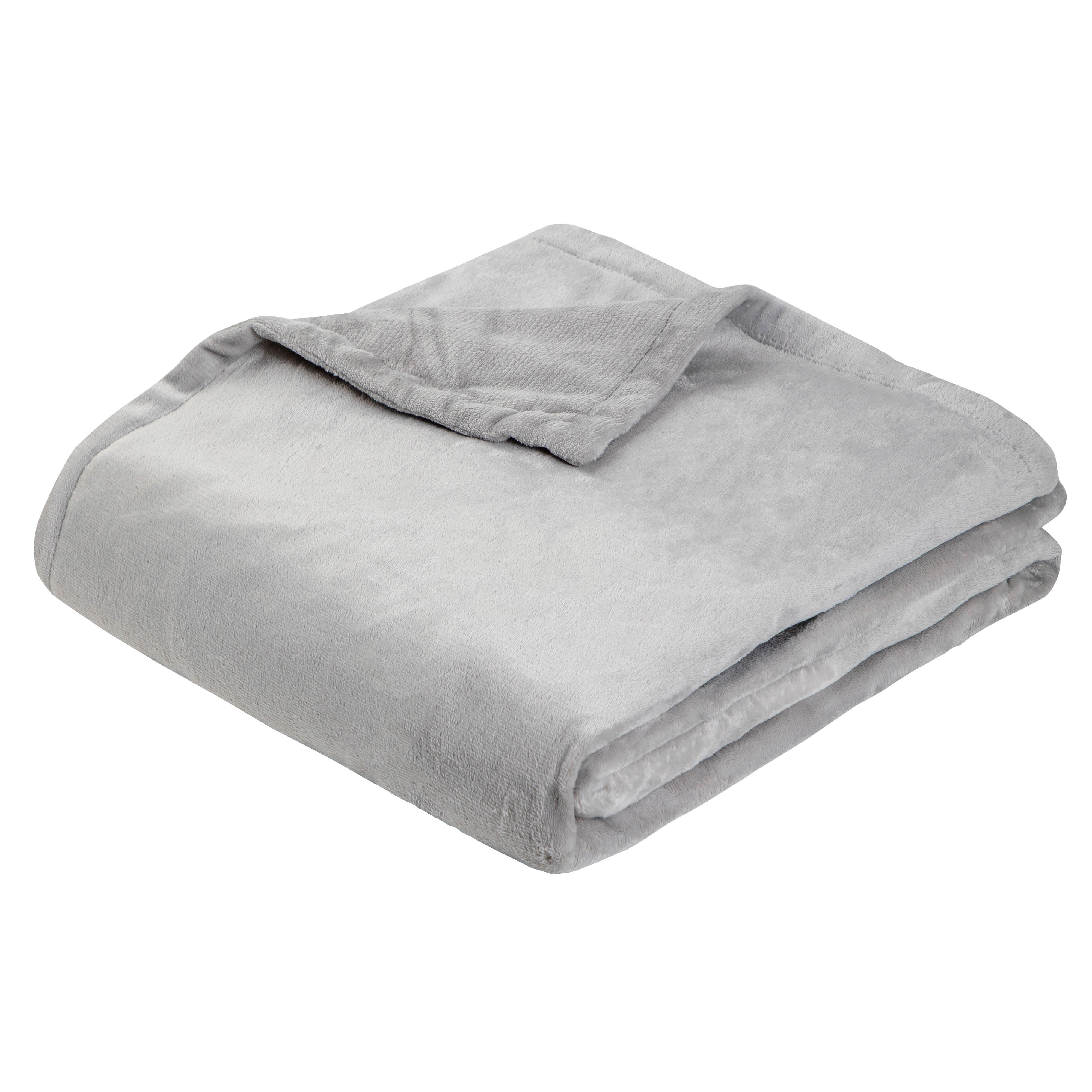 Folded gray blanket on a white surface.