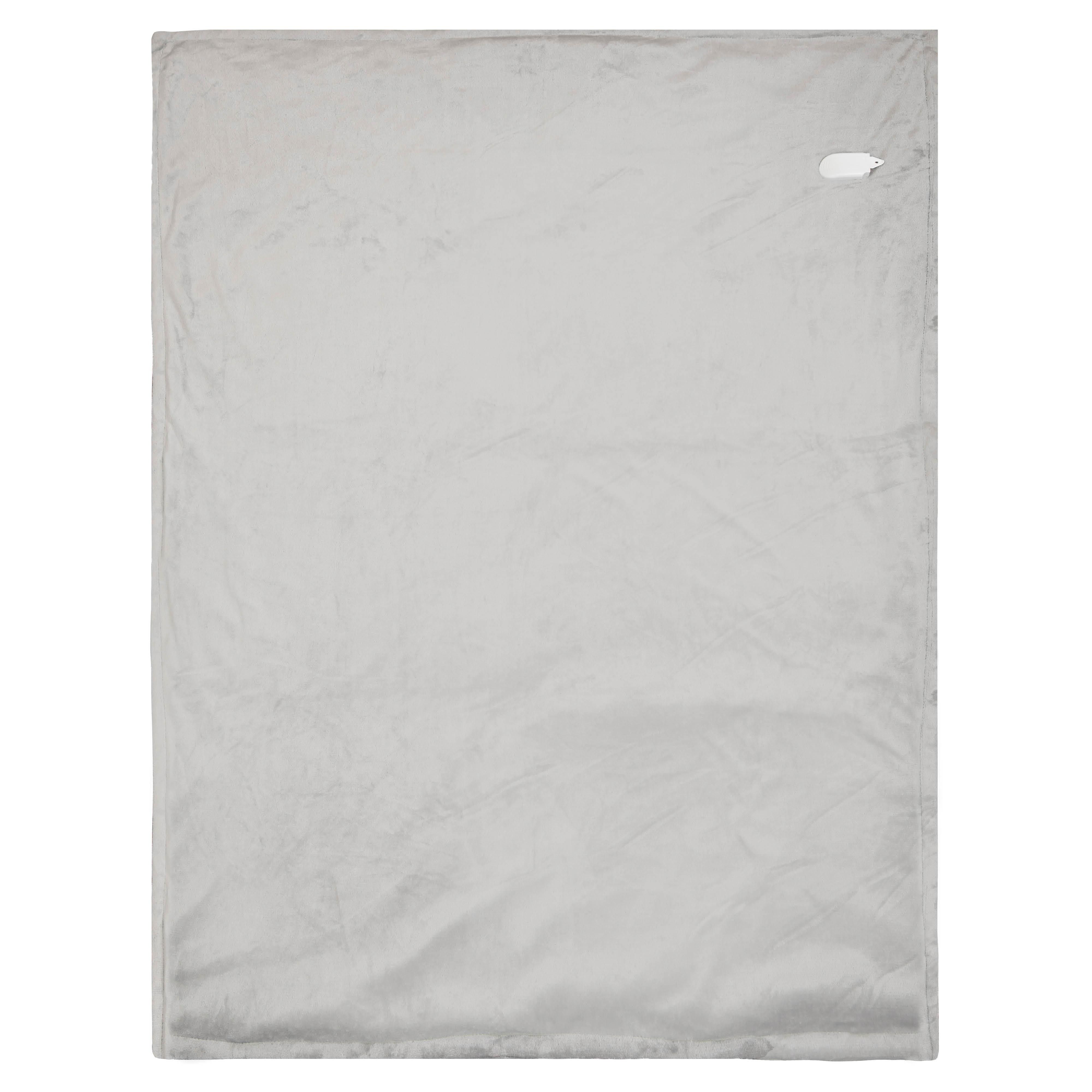 A gray blanket, with a small tag on the right side, top view.