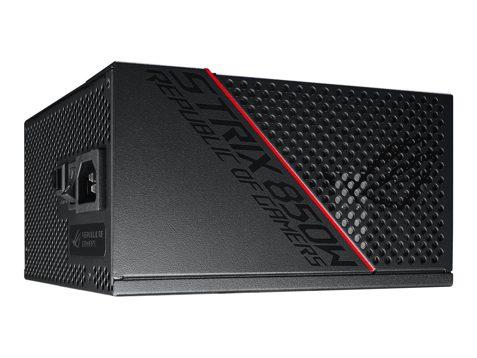 Alimentatore nero con un accento rosso. Il testo "STRIX 850W" è visibile.