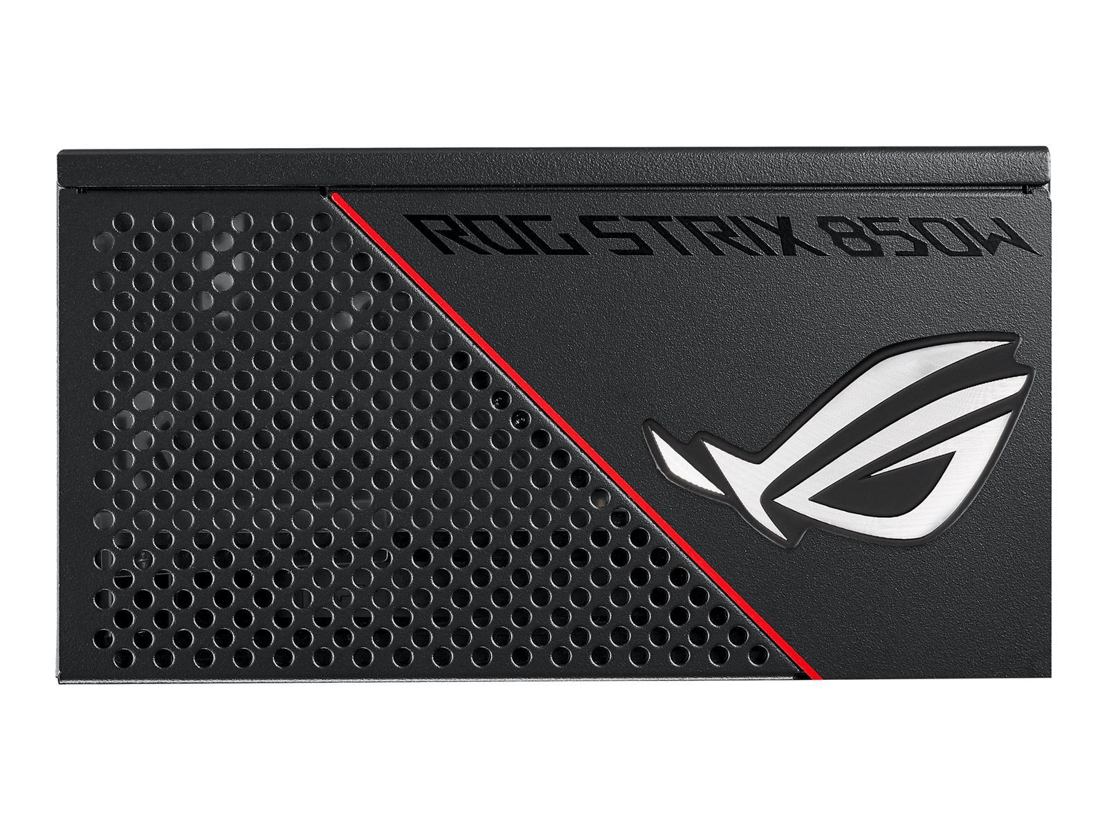 Scatola nera dell'alimentatore del computer con ROG STRIX e 850W scritto con una linea rossa.