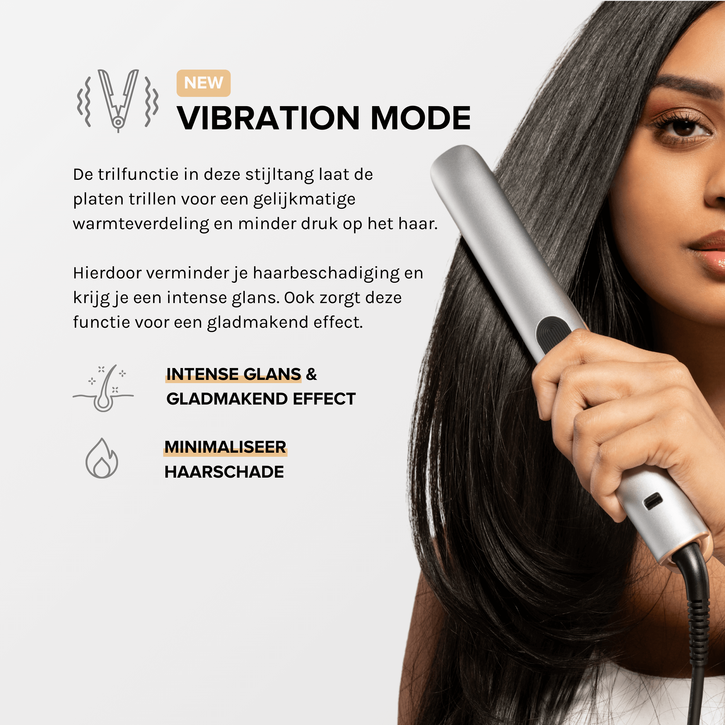 Una mujer usando una plancha para el cabello plateada con una etiqueta de 'Modo Vibración' y texto sobre el cuidado del cabello.