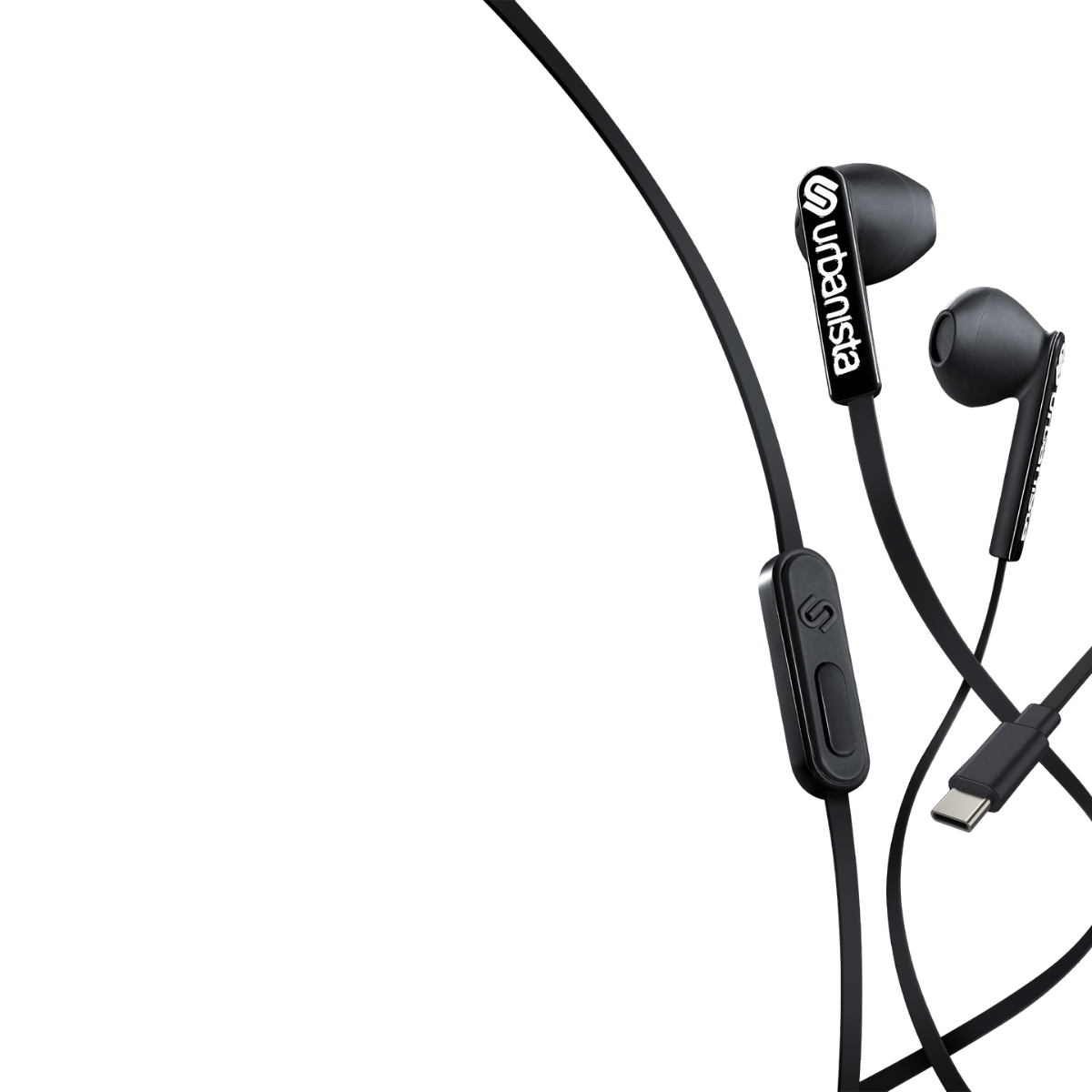 Auriculares negros con micrófono y conector USB-C, sobre fondo blanco.