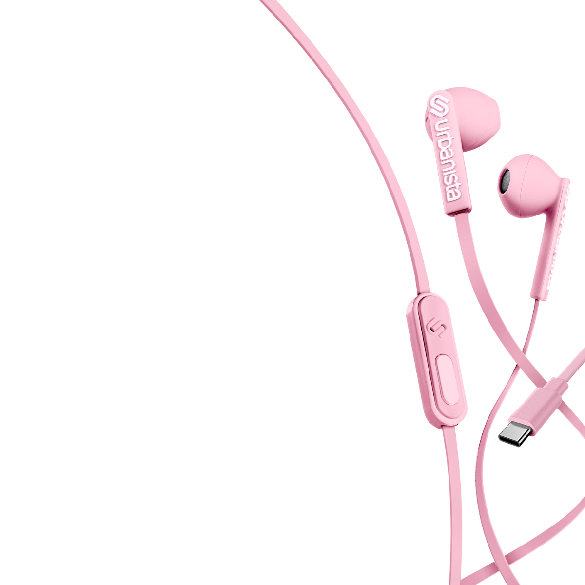 Auriculares rosas con control y conector USB-C. La marca es Urbanista.