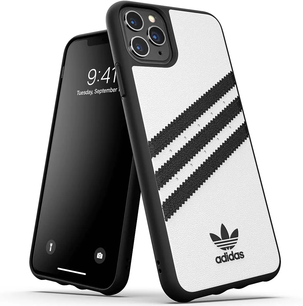 Weisse Handyhülle mit schwarzen Adidas-Streifen. Daneben ein Handy mit schwarzem Bildschirm.
