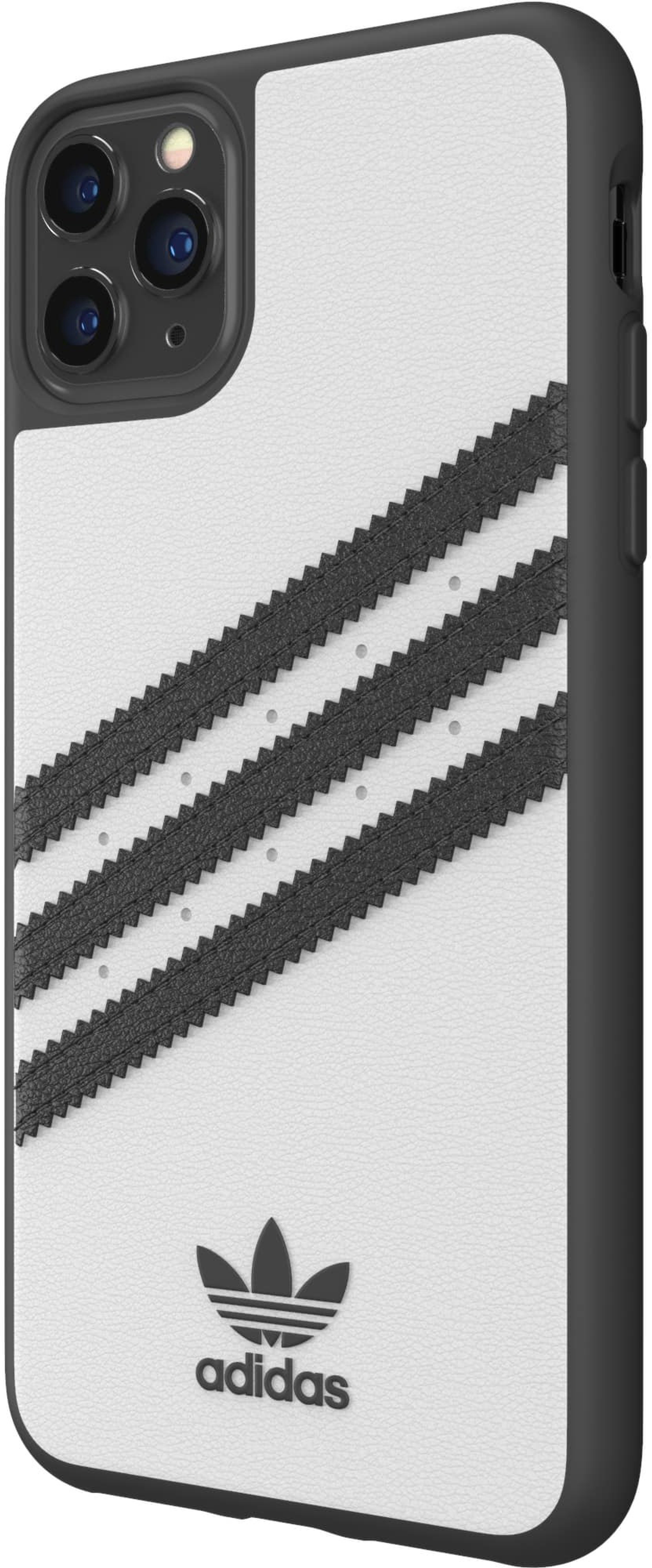 Eine Handyhülle mit schwarzen Adidas-Streifen und Logo auf weißem Hintergrund.
